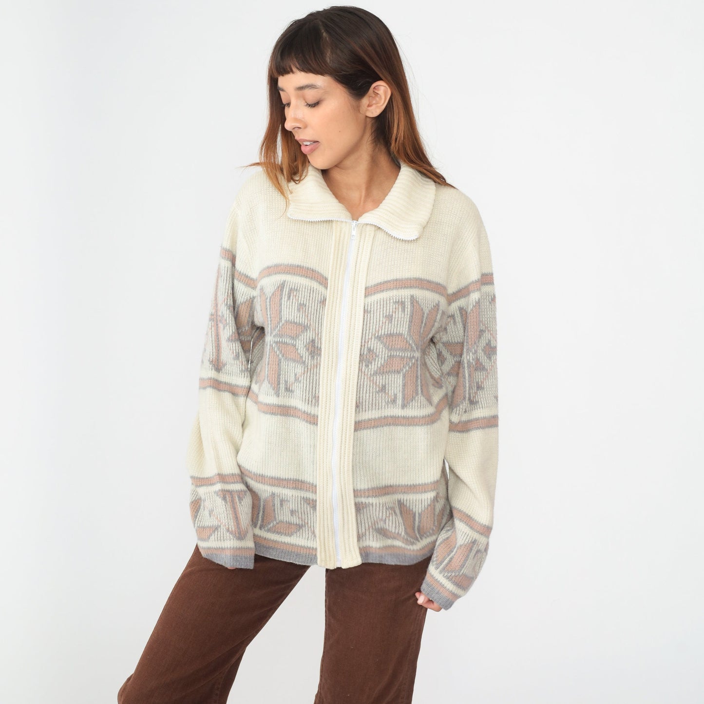 80s Nordic Snowflake Zip Cardigan Cream Fair Isle Knit Medium