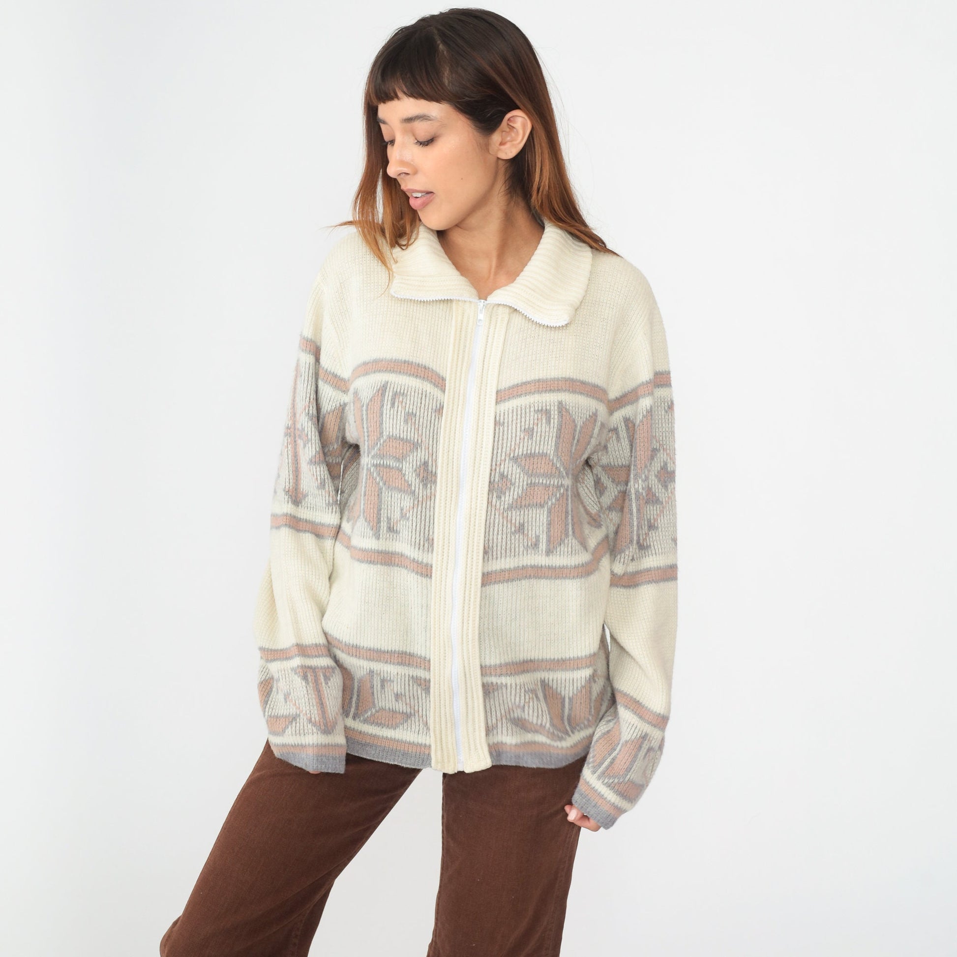80s Nordic Snowflake Zip Cardigan Cream Fair Isle Knit Medium