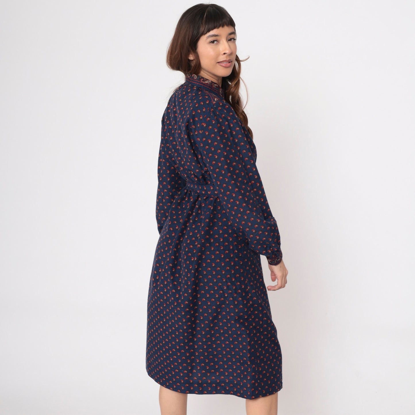 80s Dark Blue Paisley Midi Shirtdress Button-Up Long Sleeve Red Print Large