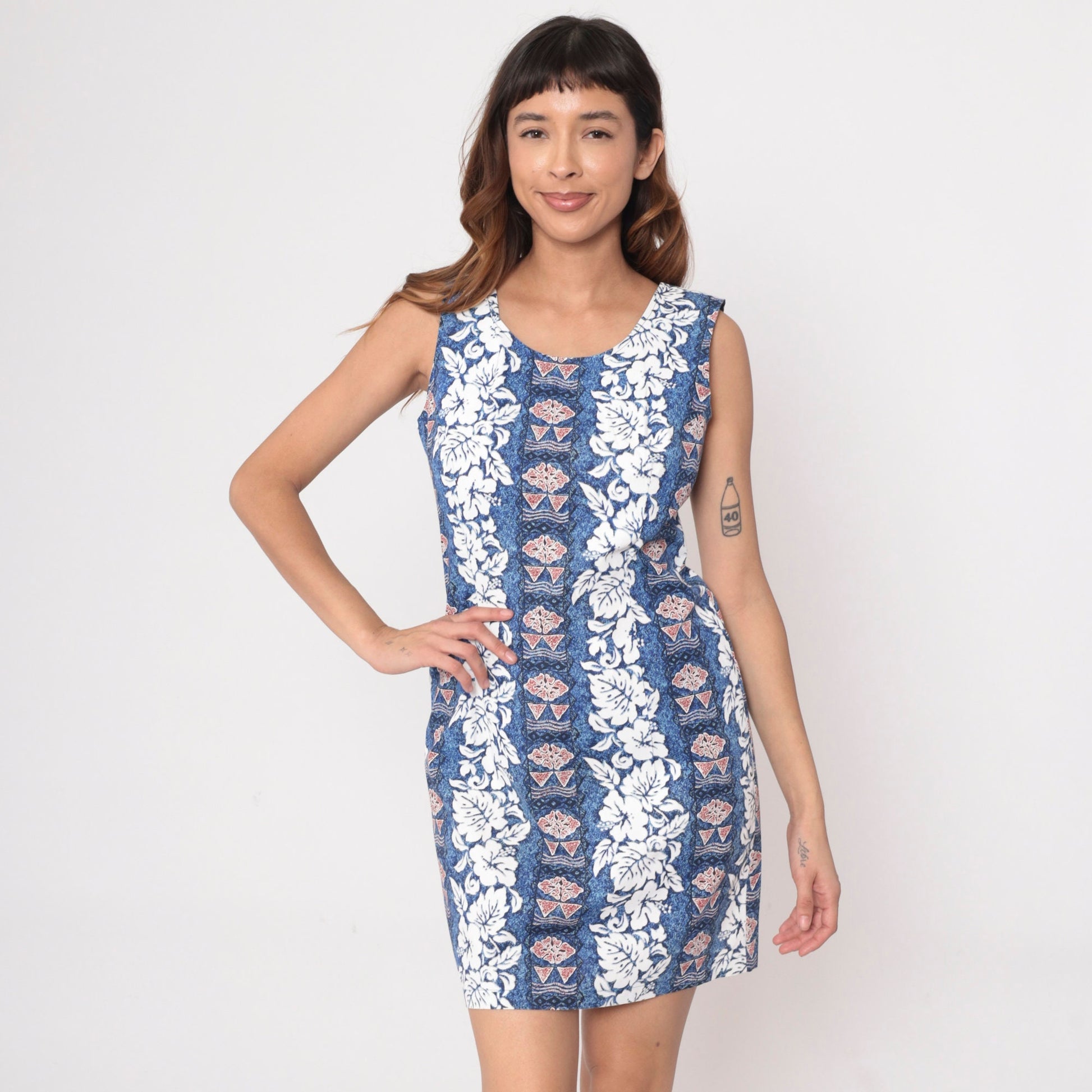 90s Hawaiian Floral Mini Dress Blue Cotton Sleeveless Sheath Medium