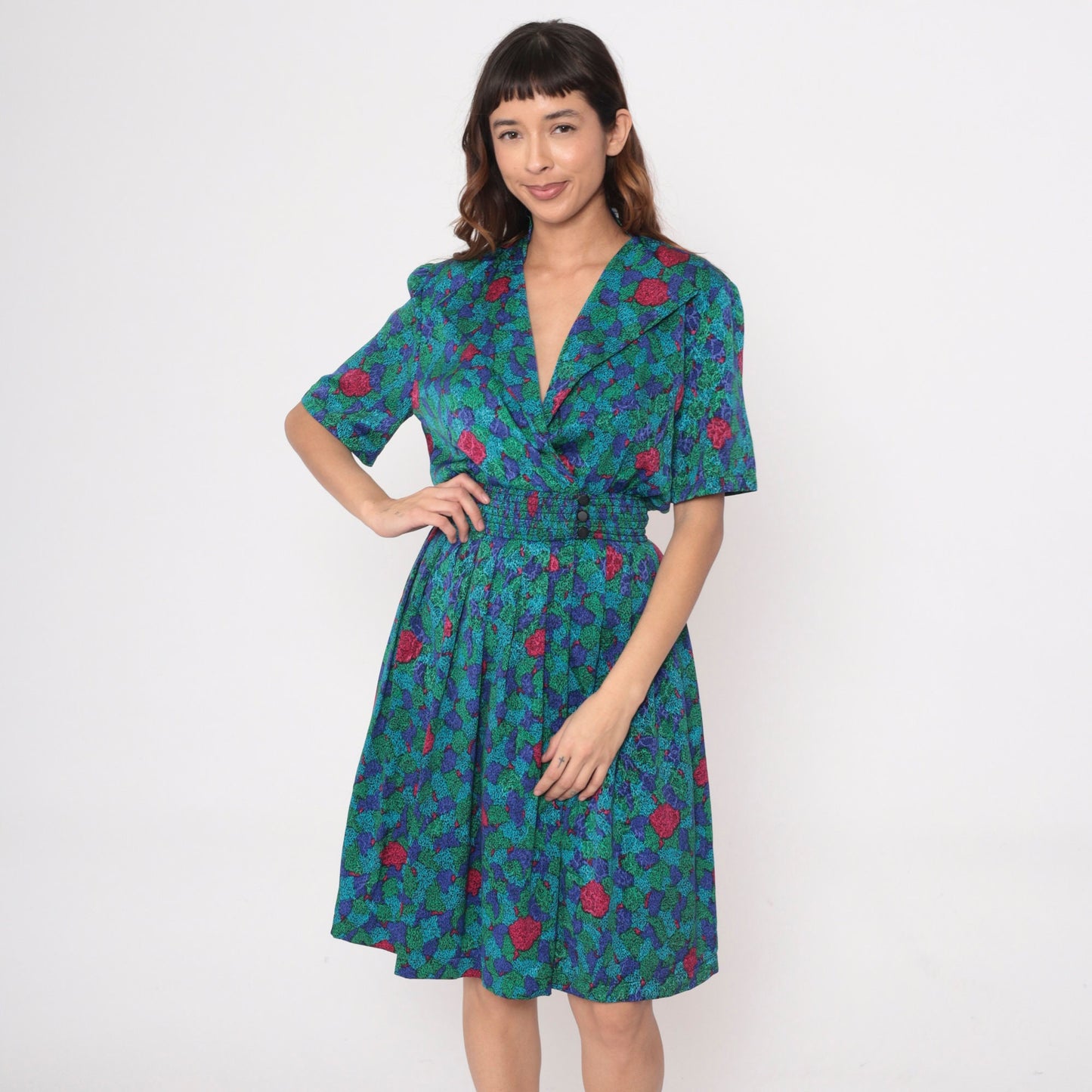 80s Abstract Floral Midi Dress Surplice Neck Pleated Elastic Waist Extra Small
