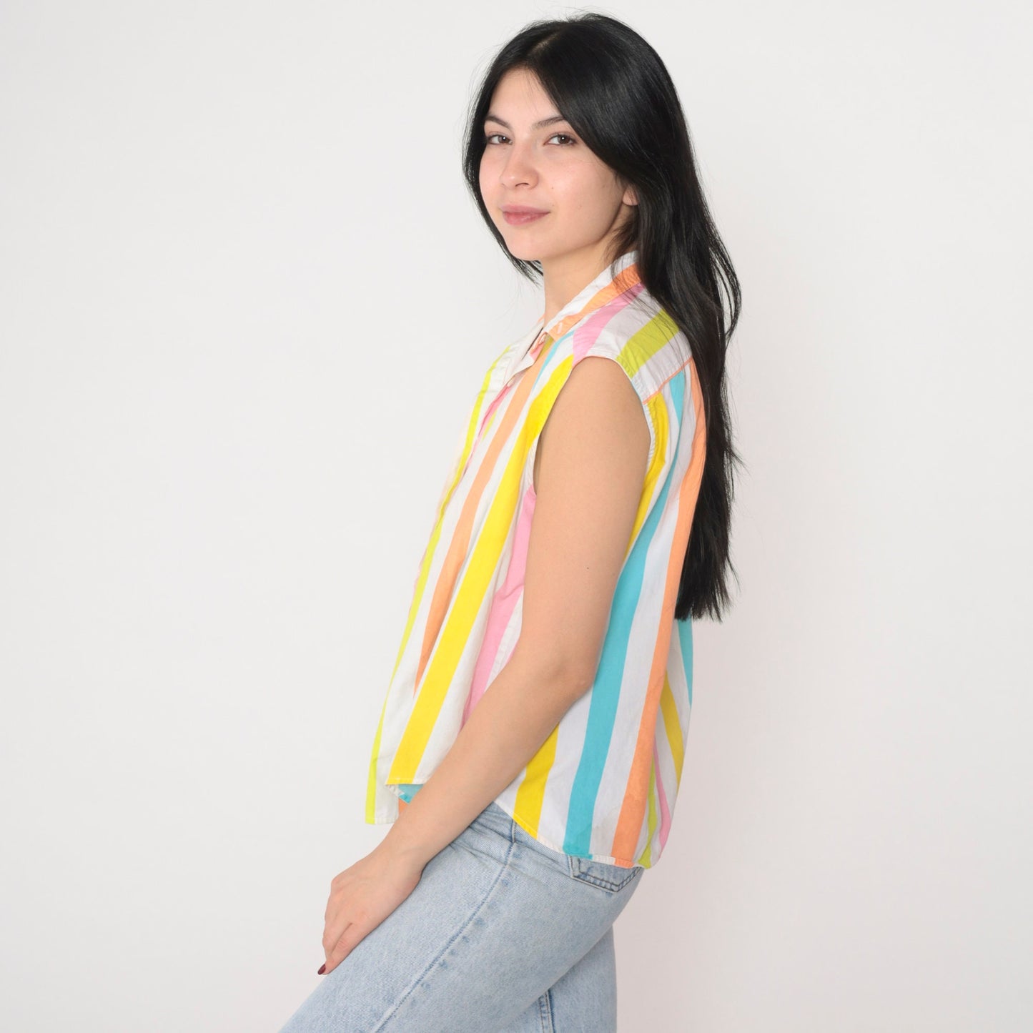 90s Esprit Sport Striped Tank Top Collared Sleeveless Blouse Small S