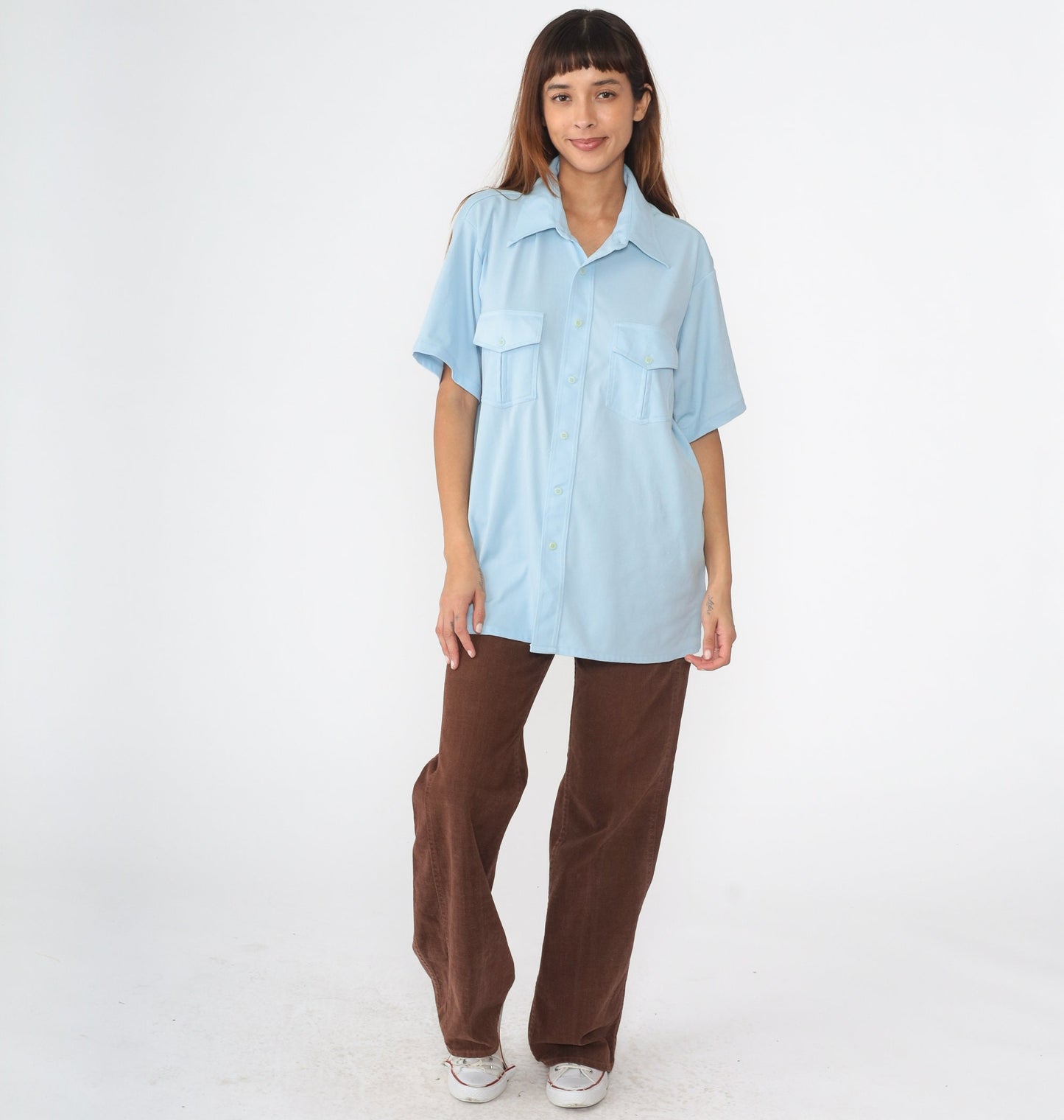 70s Baby Blue Dagger Collar Button-Up Shirt Short Sleeve Extra Large