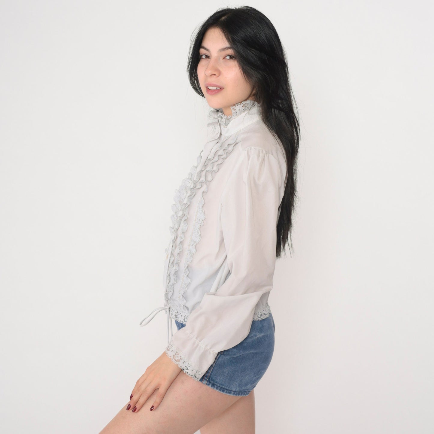 70s Off-White Lace Trim Puff Sleeve Button-Up Blouse High Neck Medium M