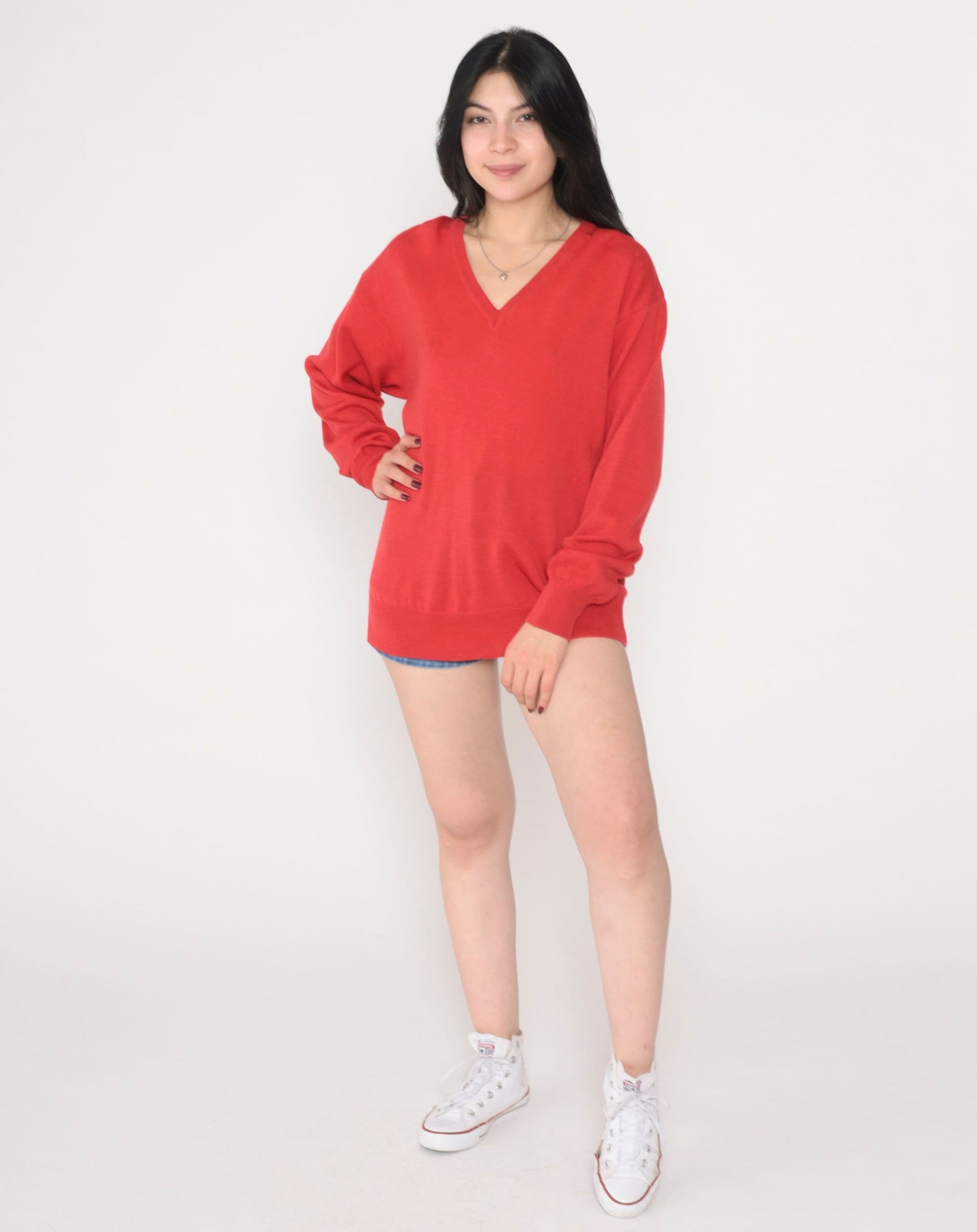 70s Chiemar Red Wool V-Neck Pullover Sweater Medium M