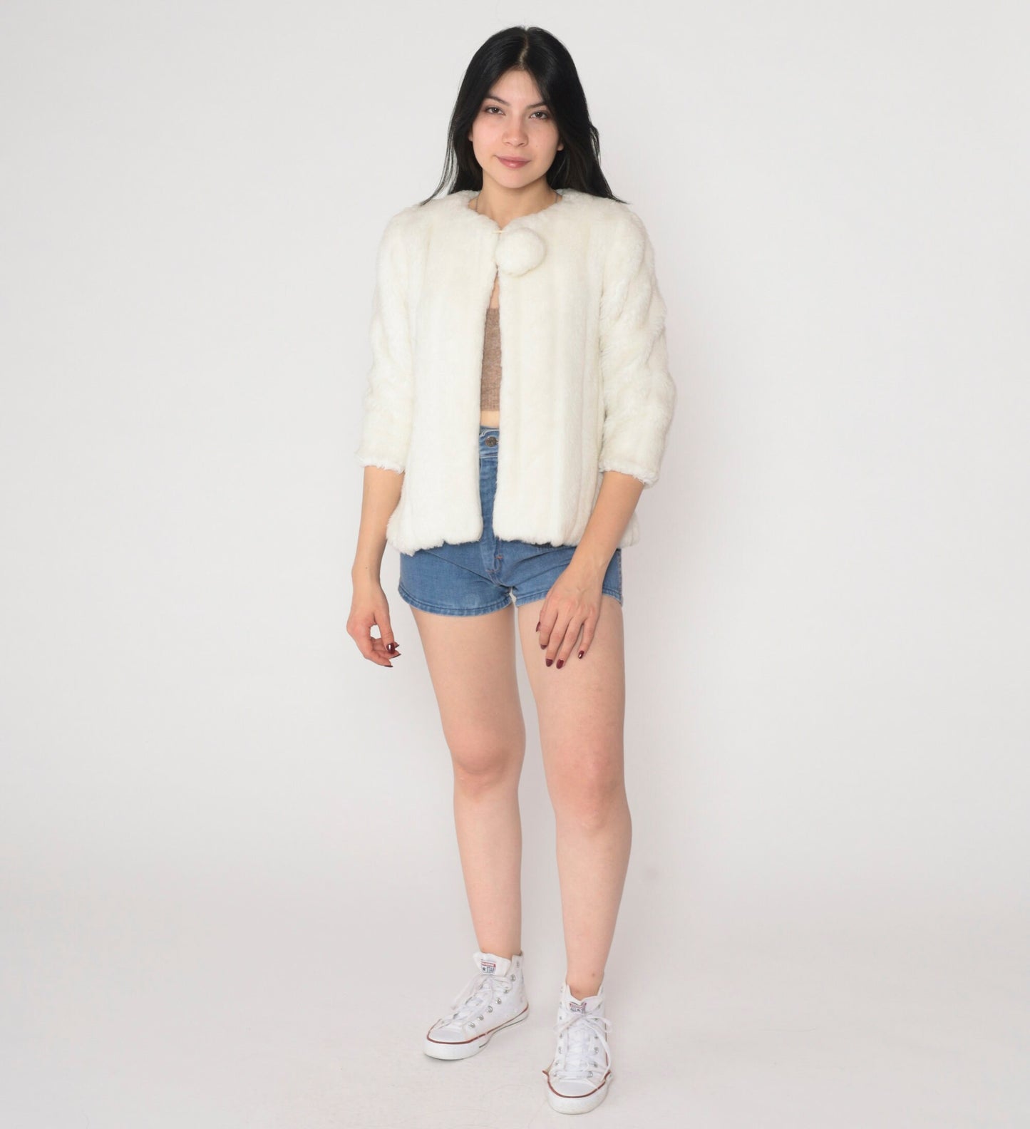 90s Off-White Faux Fur Jacket Open Front Tie Neck Pom Pom Extra Small