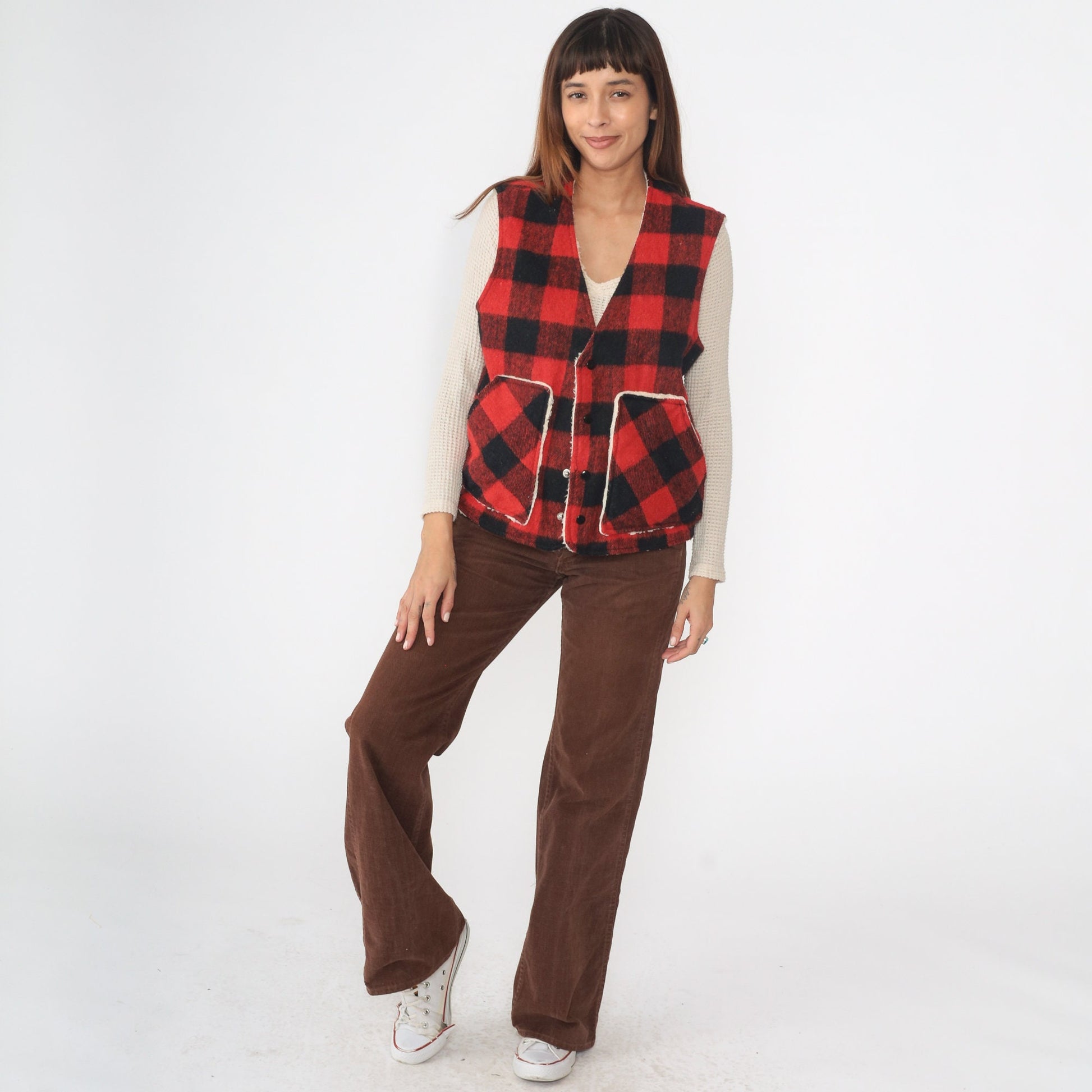 80s Buffalo Plaid Wool Vest Sherpa Lined Snap Button Red Lumberjack Large