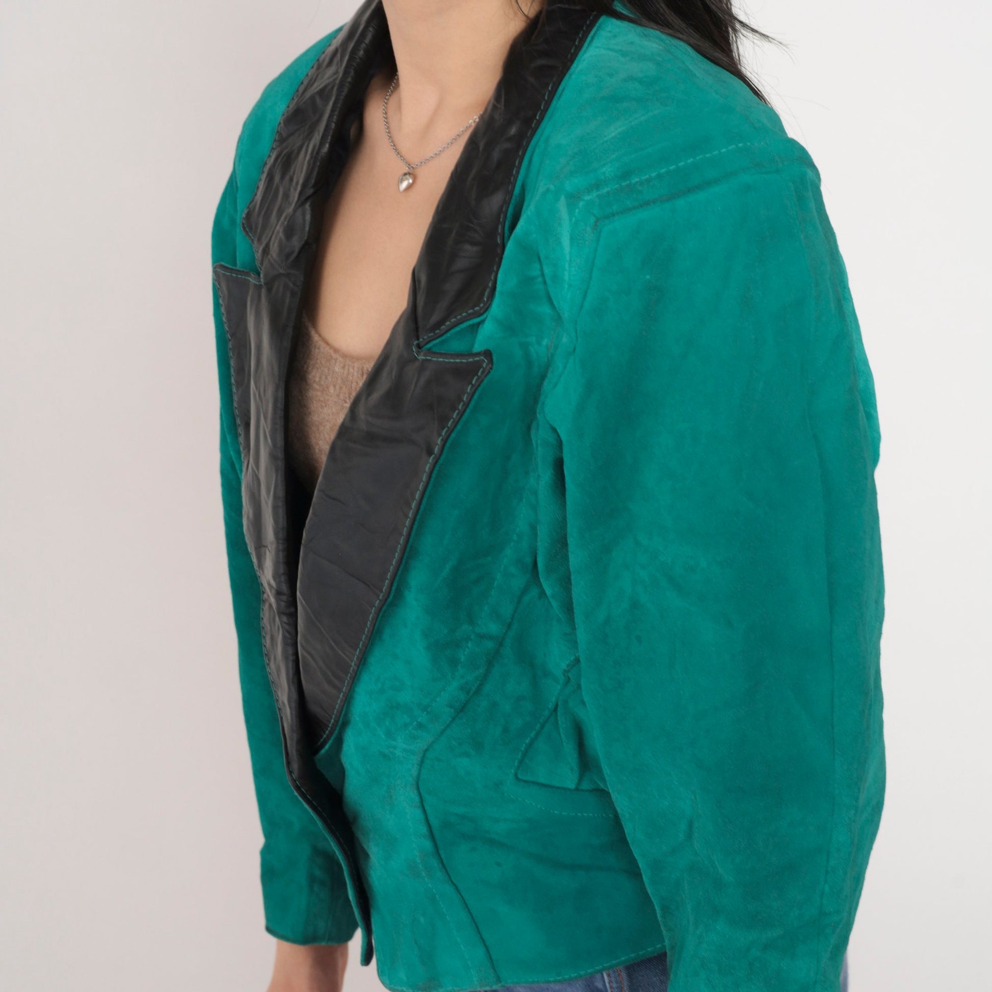 90s Teal Suede Blazer Black Leather Collar Single Button Medium M