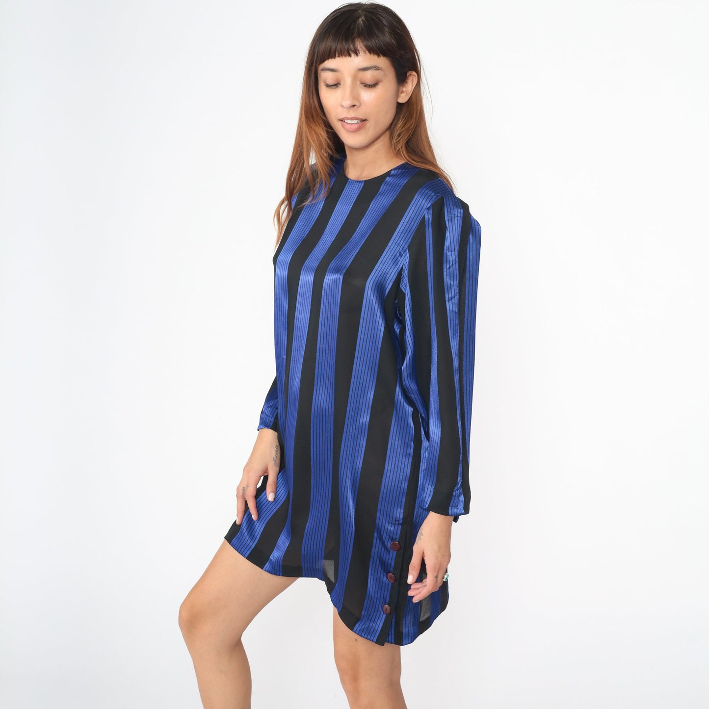 80s Shiny Blue Black Striped Shift Dress Puff Sleeve Side Buttons Large