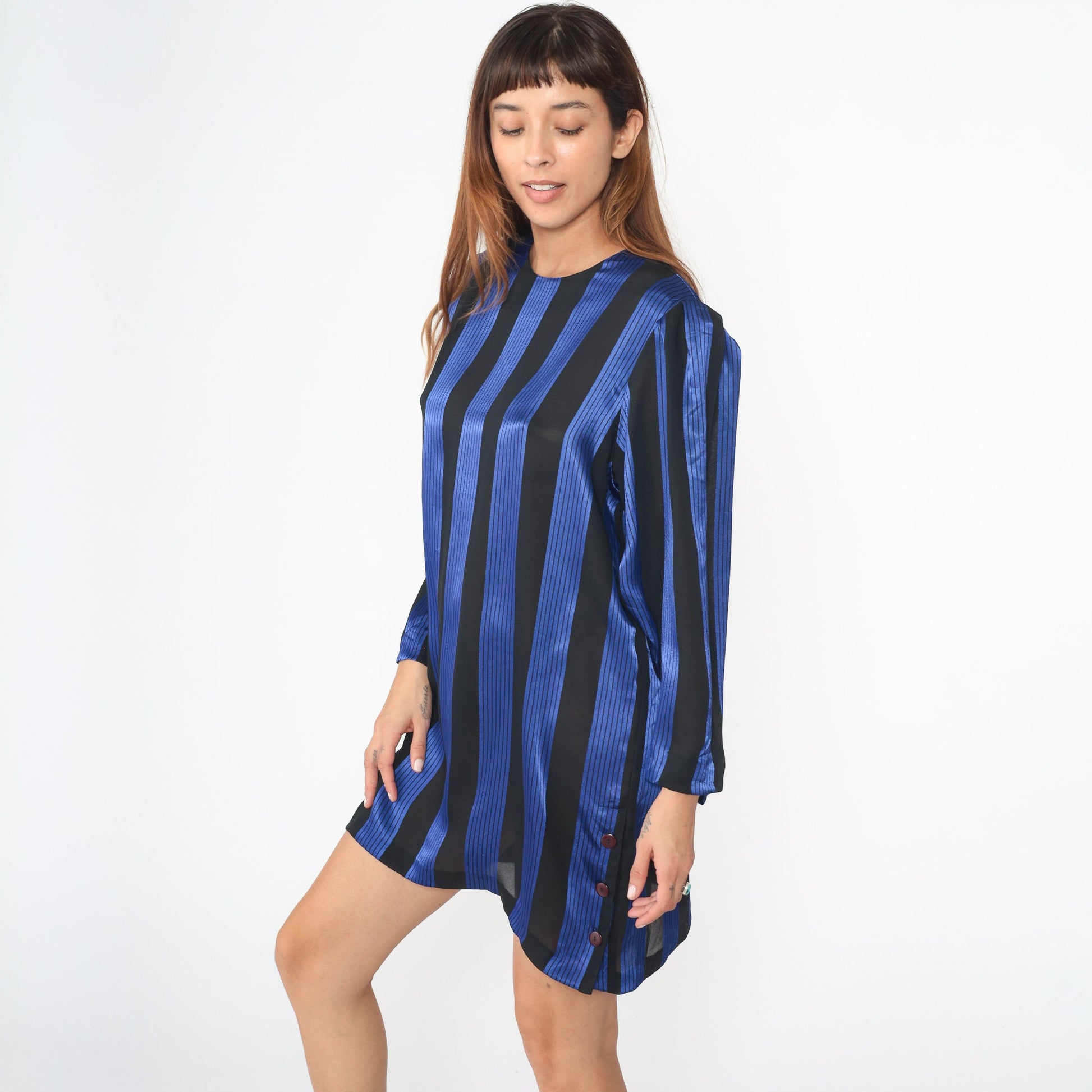 80s Shiny Blue Black Striped Shift Dress Puff Sleeve Side Buttons Large