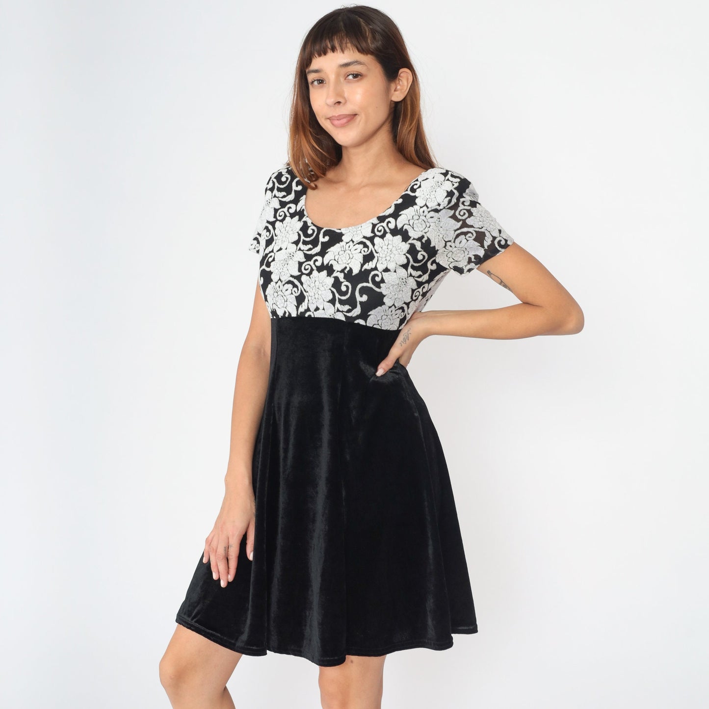 90s Molly Malloy Floral Velvet Mini Dress Black White Empire Waist Small Medium