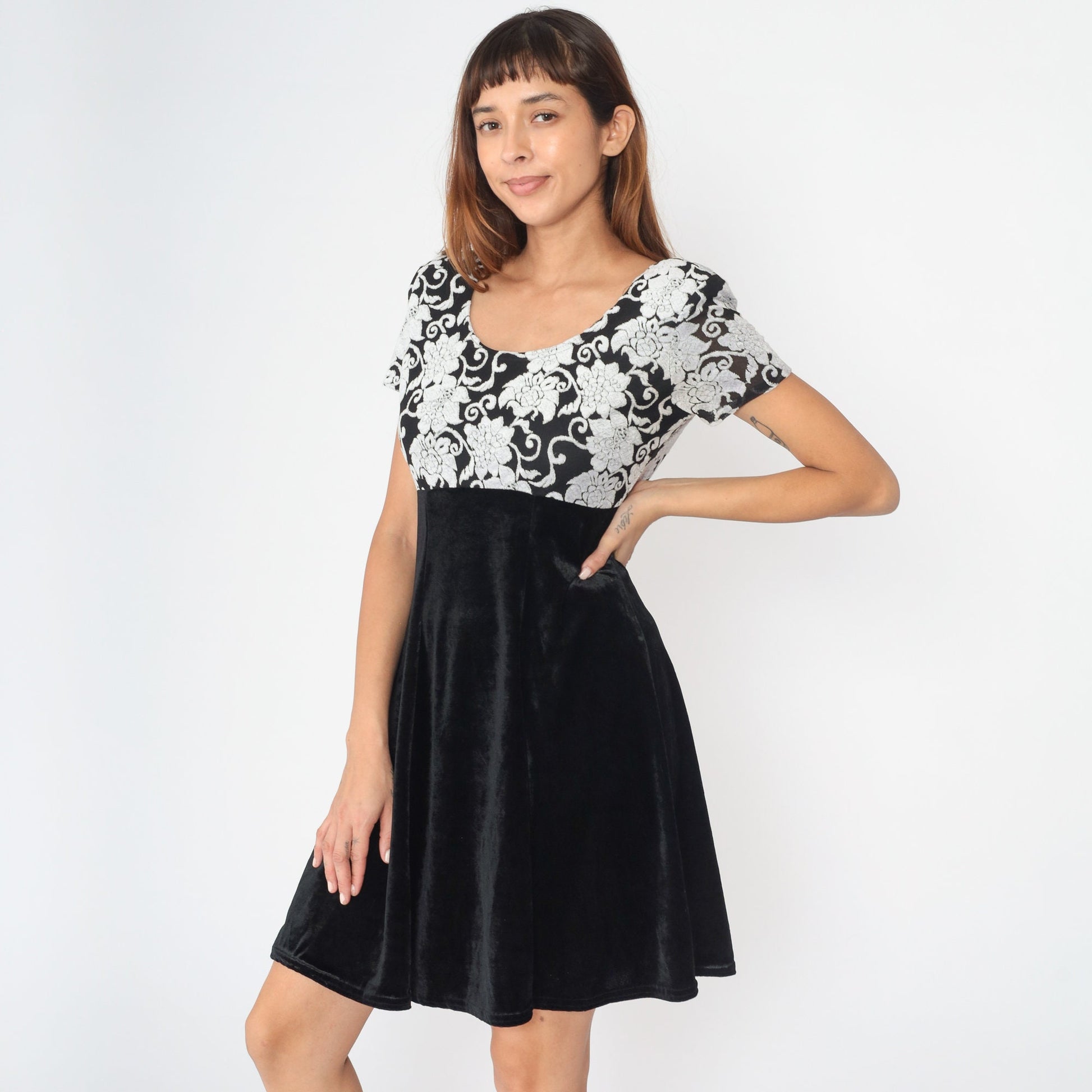 90s Molly Malloy Floral Velvet Mini Dress Black White Empire Waist Small Medium