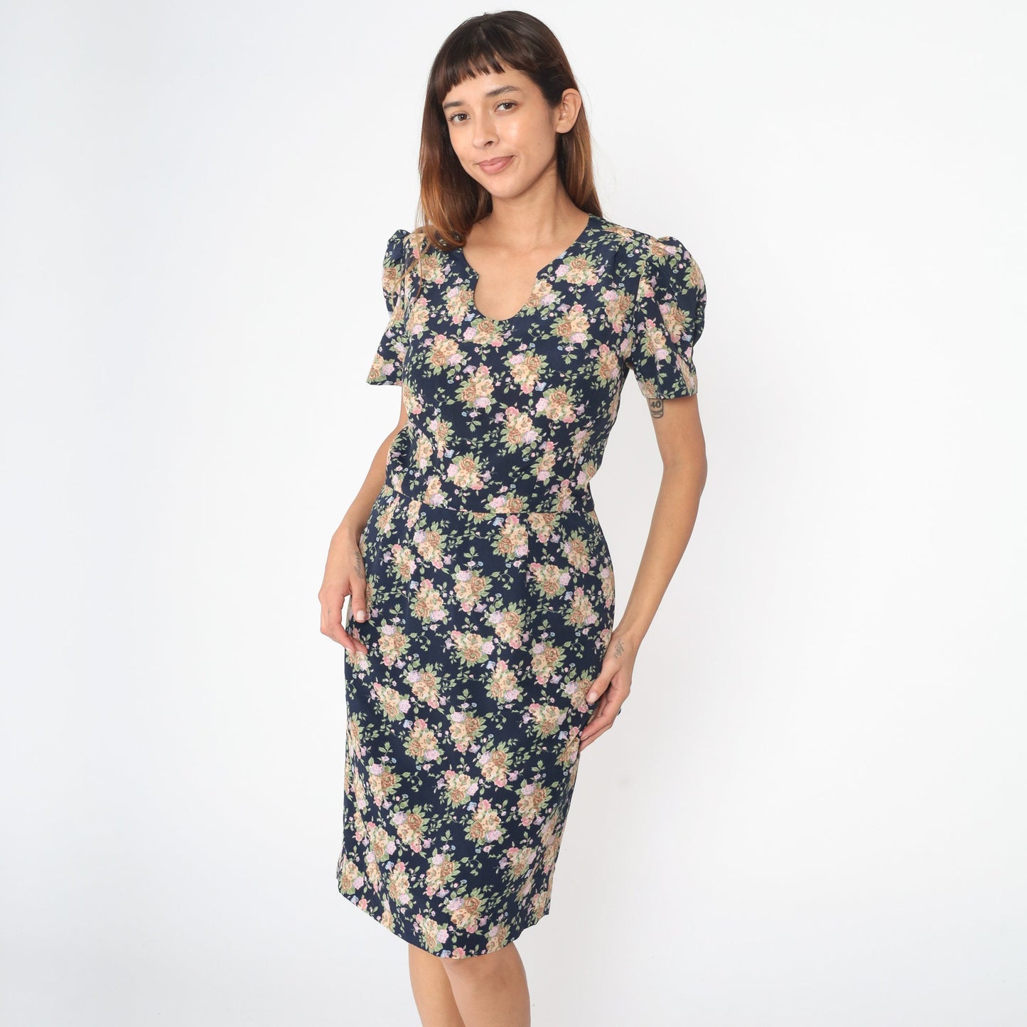 80s Navy Floral Puff Sleeve Dress U-Neck Sheath Midi Medium 8