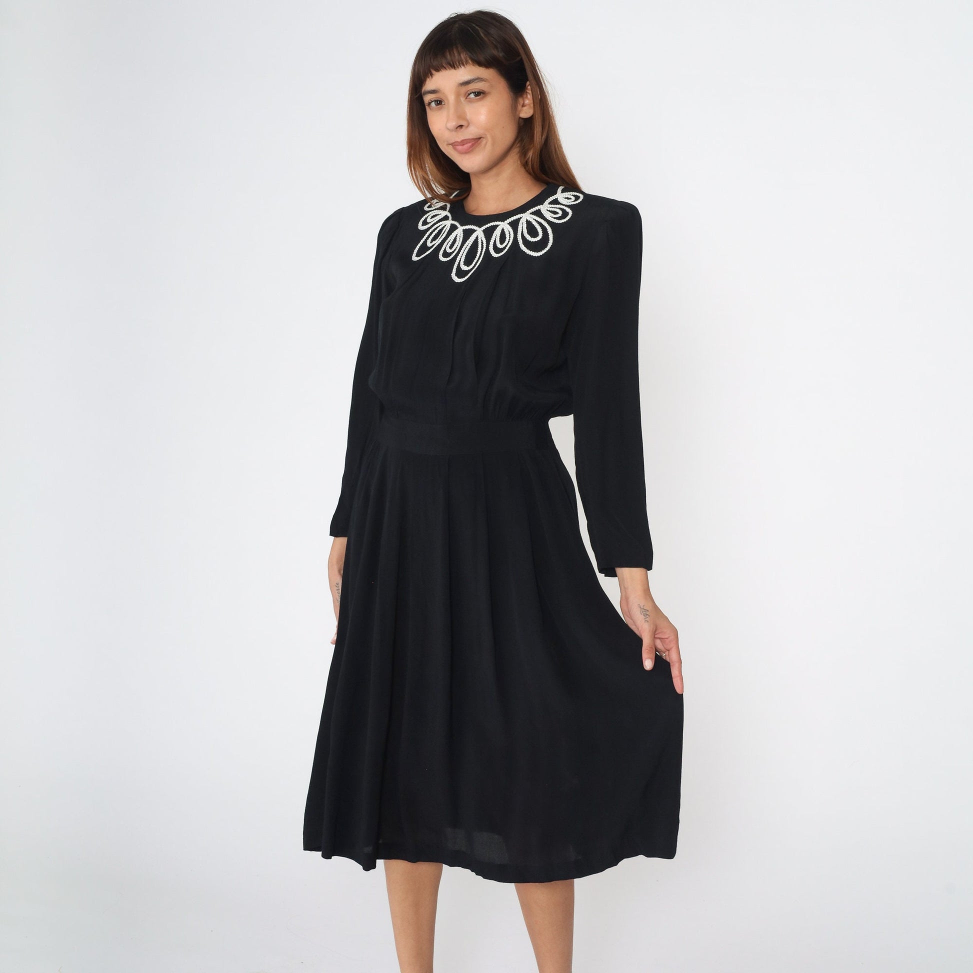 90s Black Midi Dress White Soutache Trim Power Shoulder Puff Sleeve Small