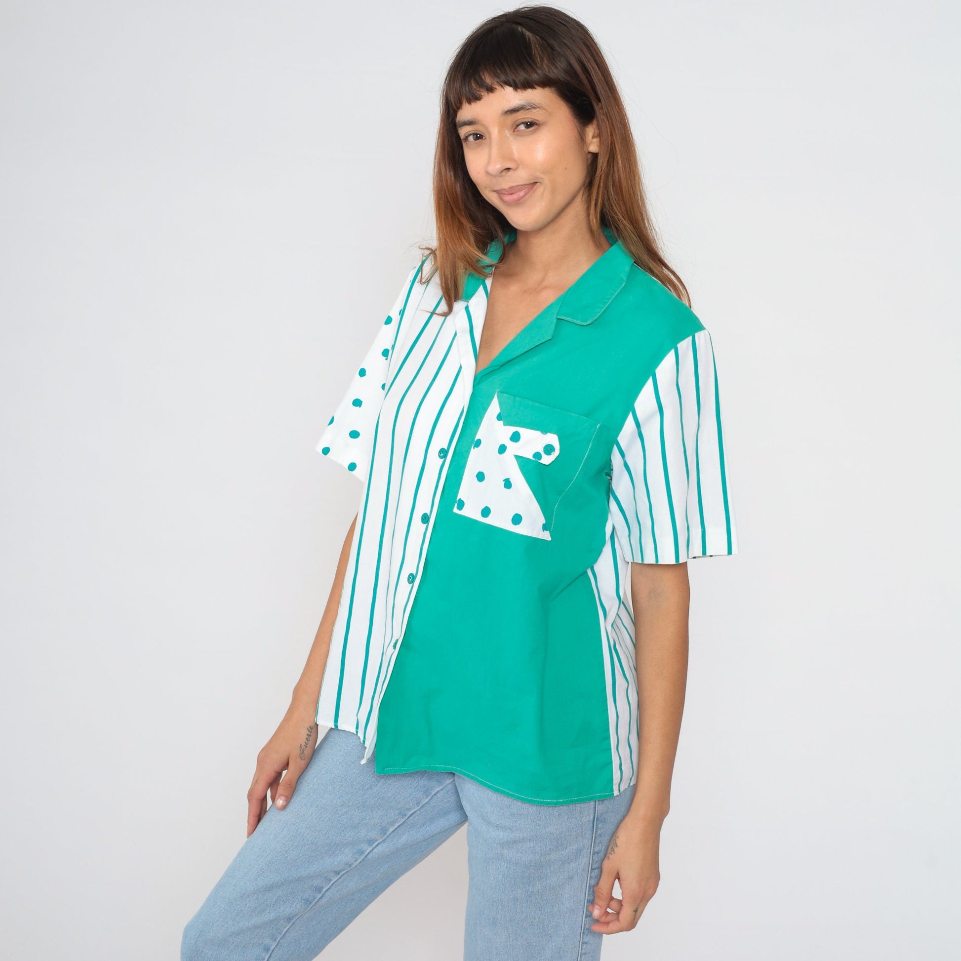 90s Colour Block Button-Up Blouse White Green Polka Dot Stripe Cotton Large L