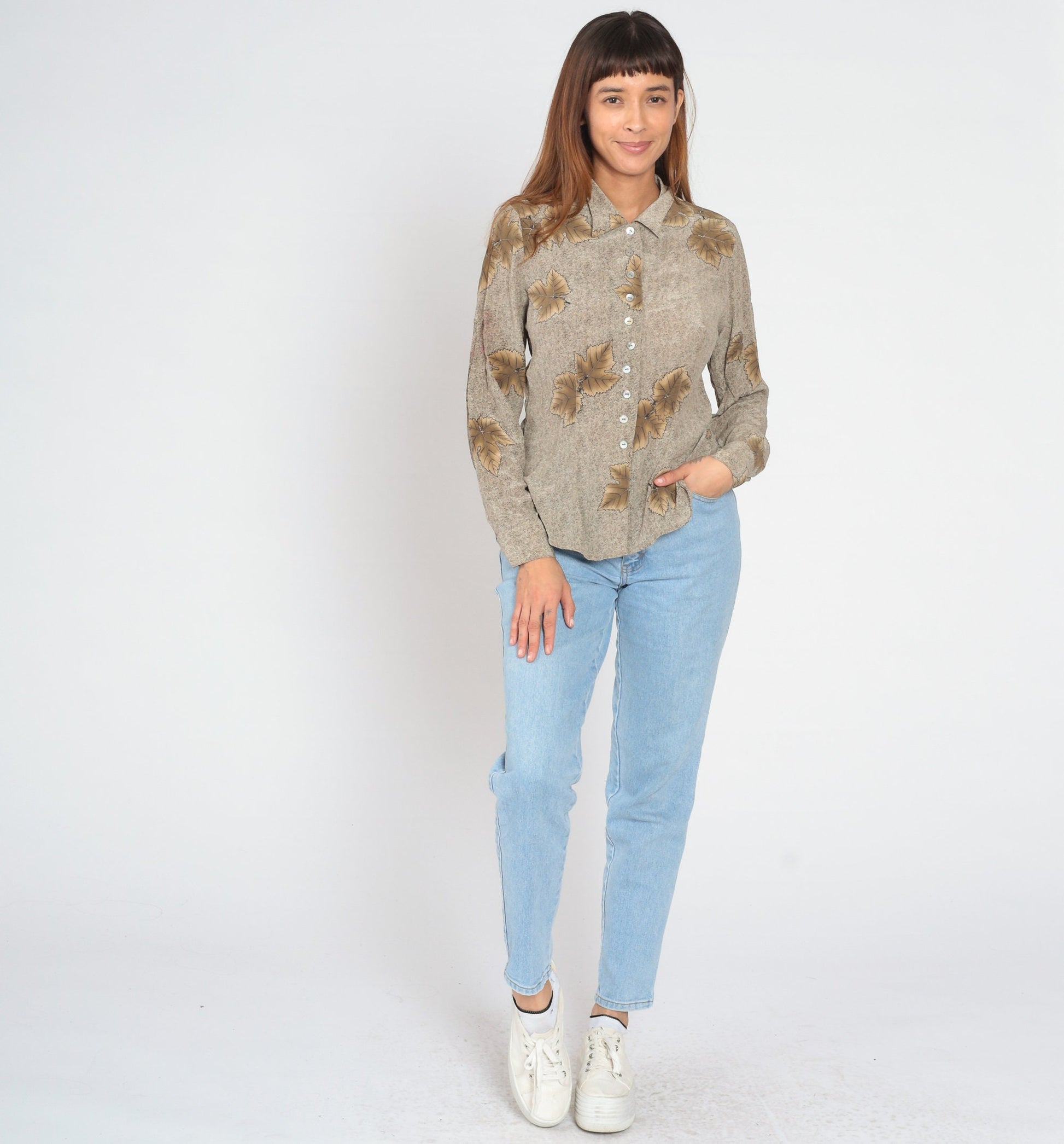 90s Victoria Soie Silk Leaf Print Blouse Brown Button-Up Medium