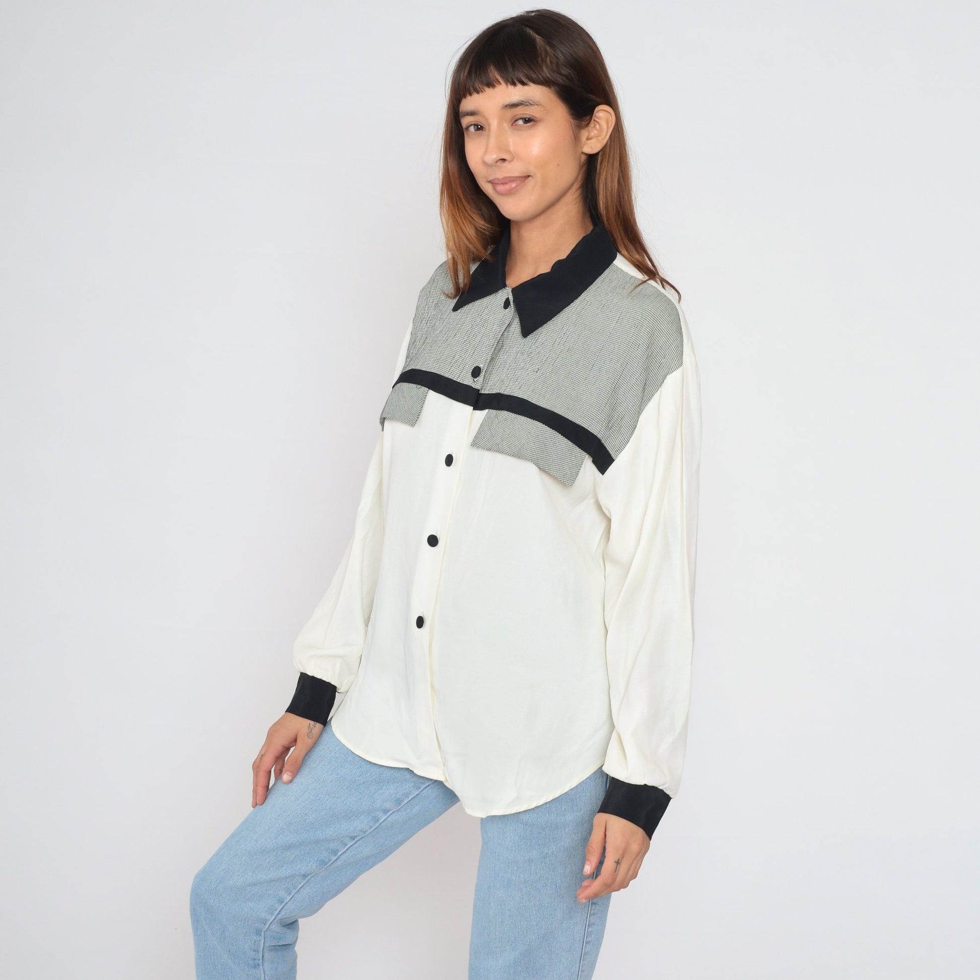 90s Black and White Gingham Checkered Button-Up Blouse Long Sleeve Collared Medium