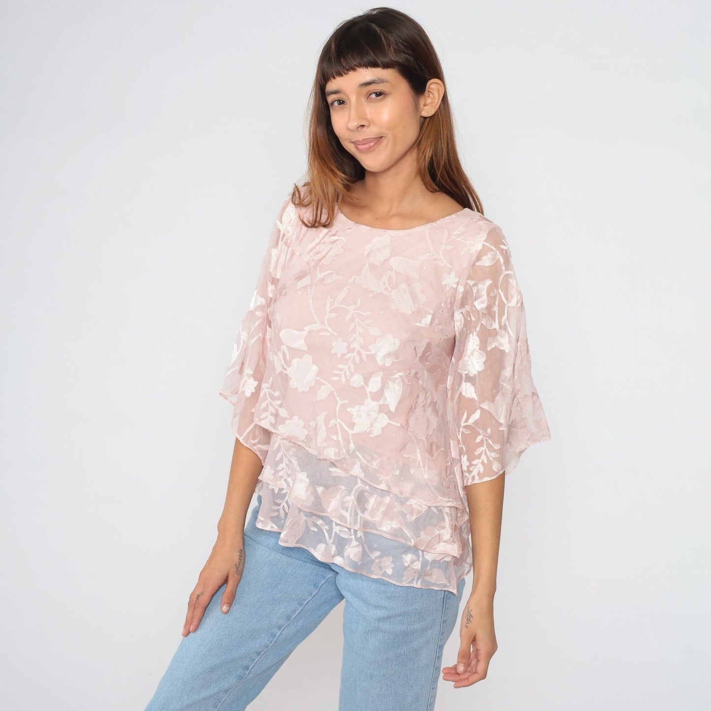 Y2K Pink Floral Blouse Alex Evenings Sparkly Wide Sleeve Small