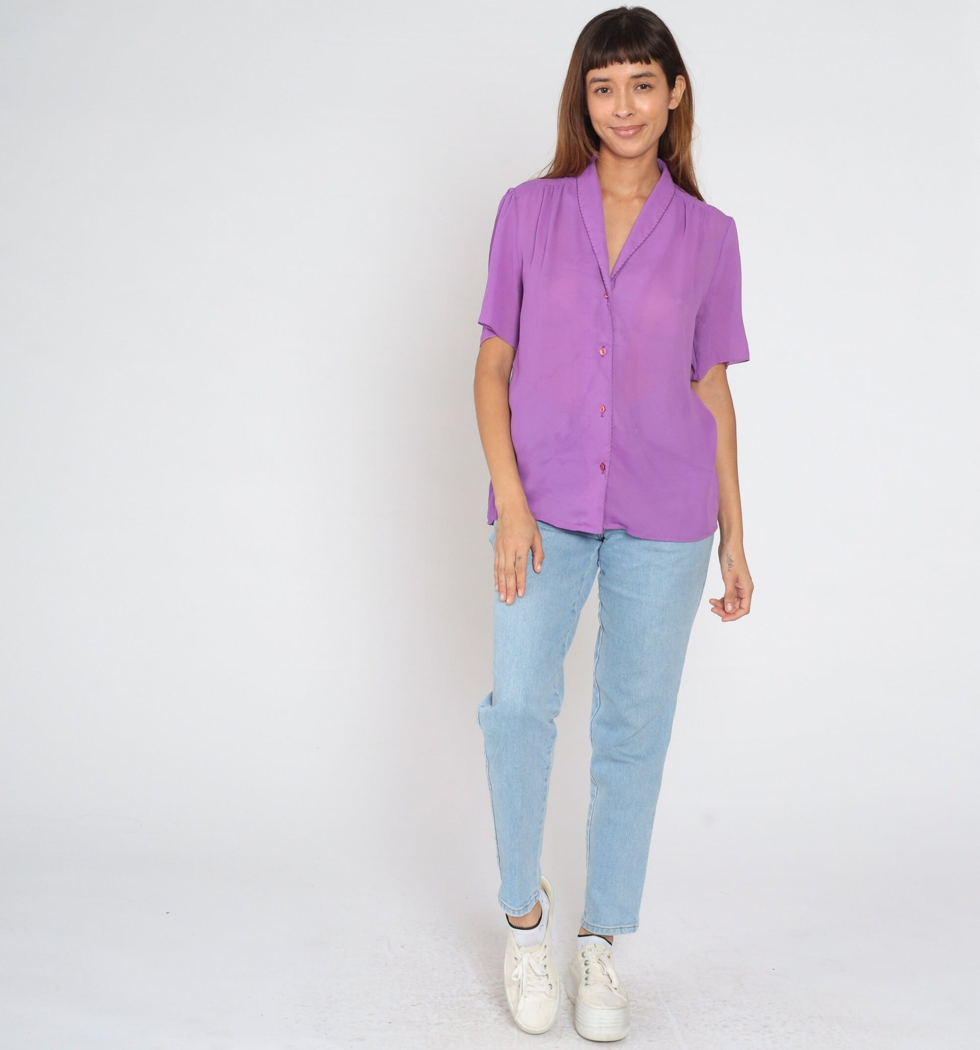 80s Purple Puff Sleeve Blouse Button Up Pleated Collared Top Large