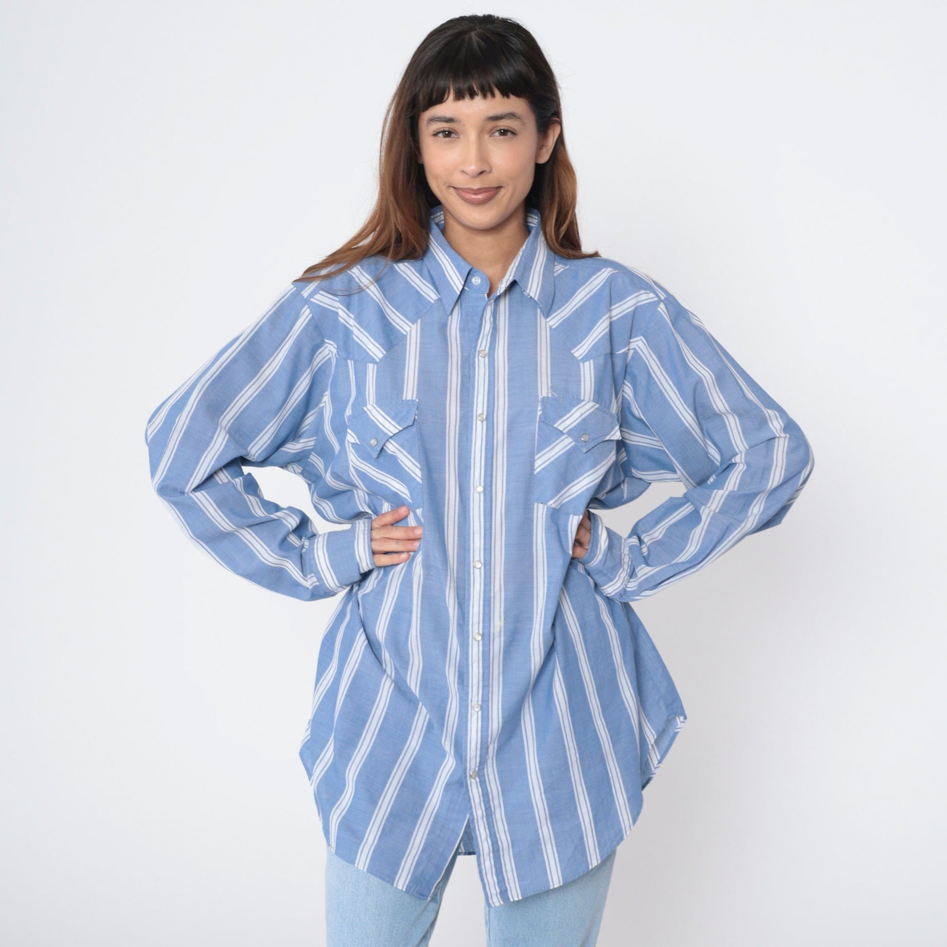90s Western Pearl Snap Shirt Blue White Striped Long Sleeve Men's Extra Large