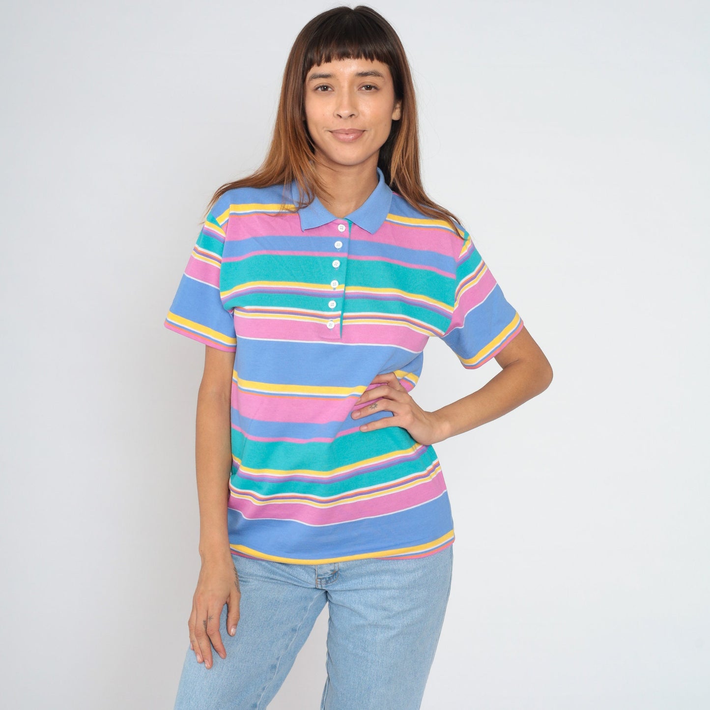 90s Jantzen Striped Polo Shirt Multicolour Half-Button Collared Tee Medium M
