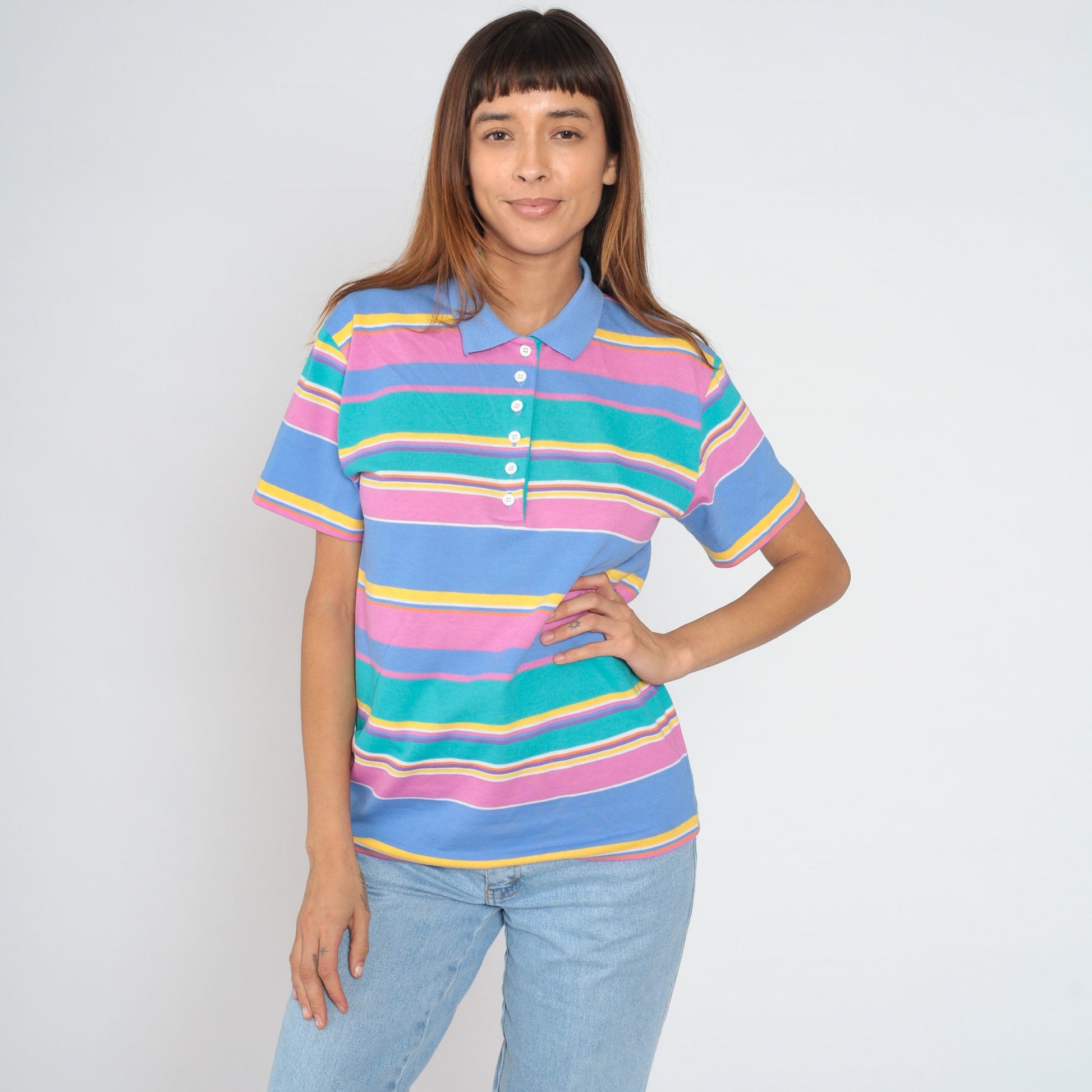 90s Jantzen Striped Polo Shirt Multicolour Half-Button Collared Tee Medium M