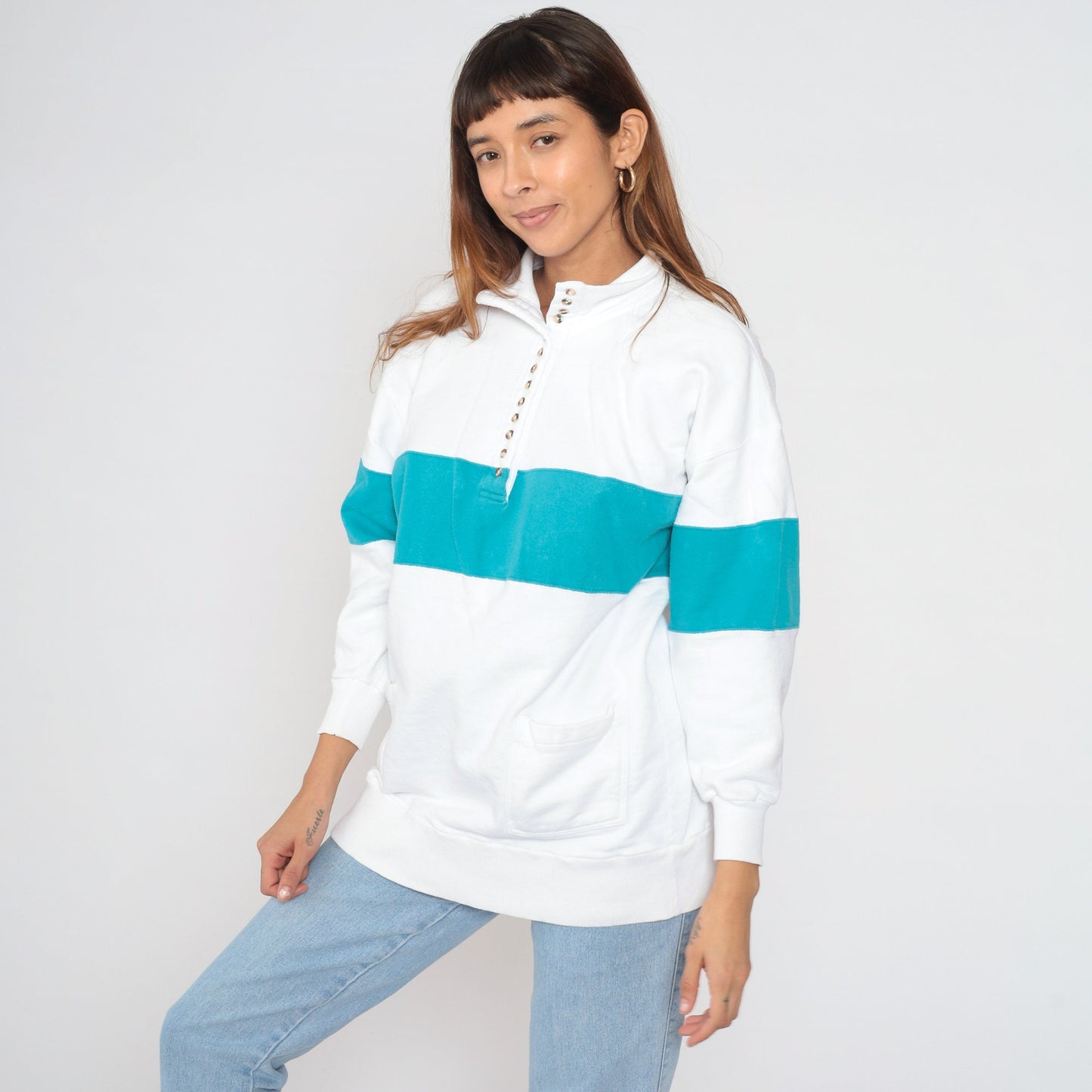90s Striped Henley Sweatshirt White Blue Button-Up Pullover Cotton Large L