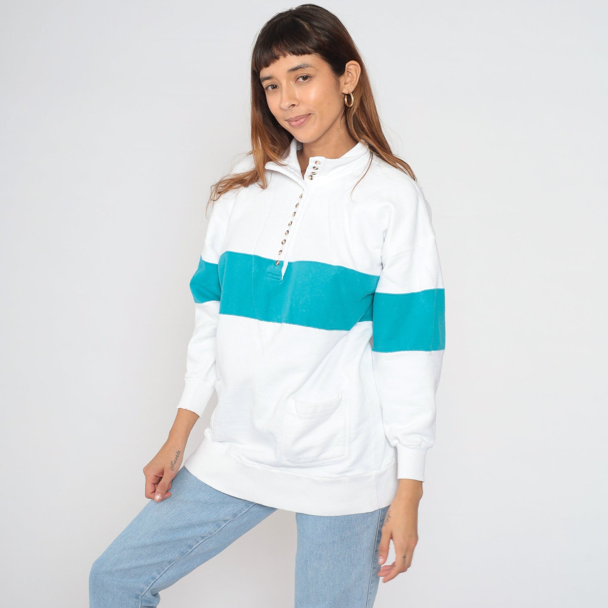 90s Striped Henley Sweatshirt White Blue Button-Up Pullover Cotton Large L