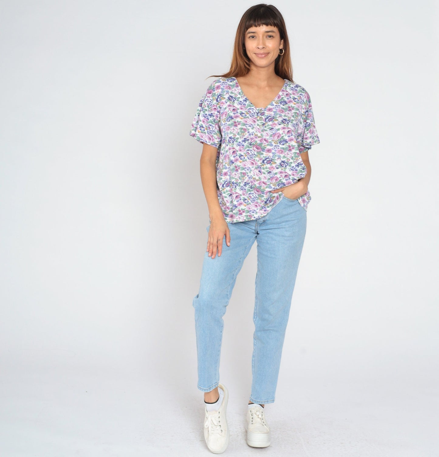 90s Floral Henley Shirt White Rose Print Short Sleeve Half Button Top Large L