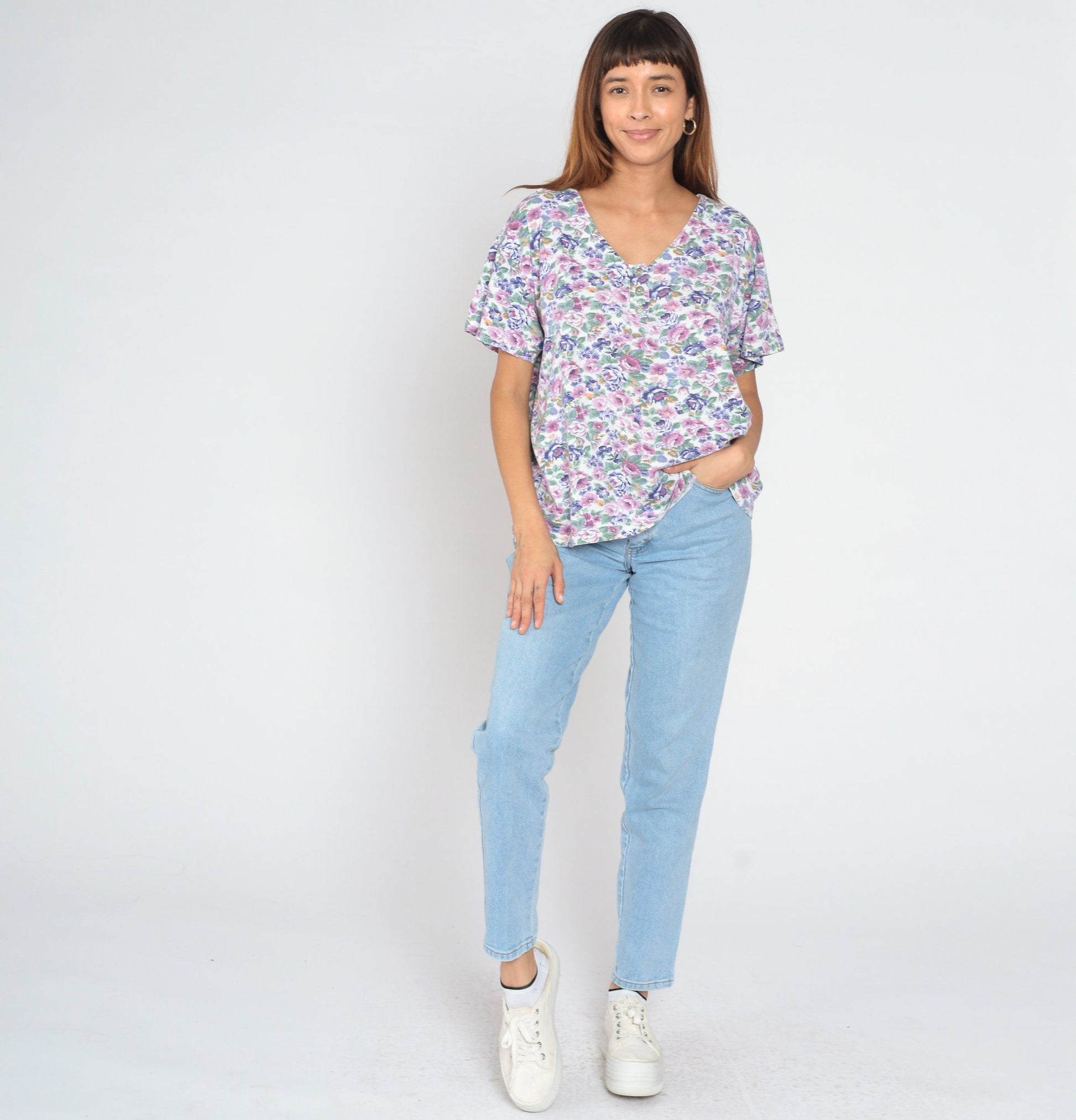 90s Floral Henley Shirt White Rose Print Short Sleeve Half Button Top Large L