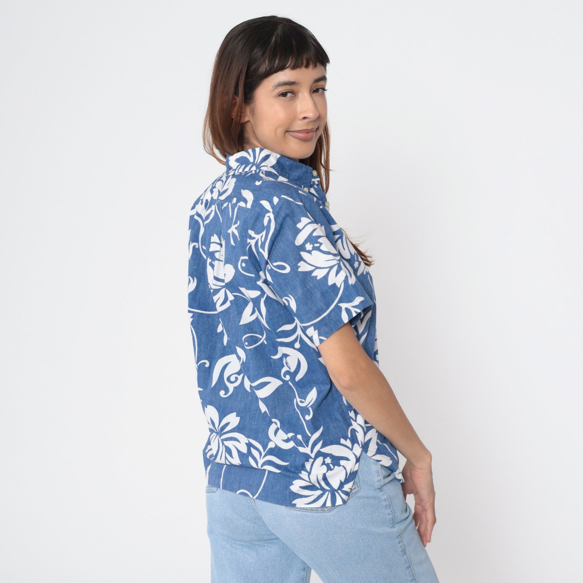 00s Blue Floral Tropical Cotton Button-Up Shirt Short Sleeve Extra Small