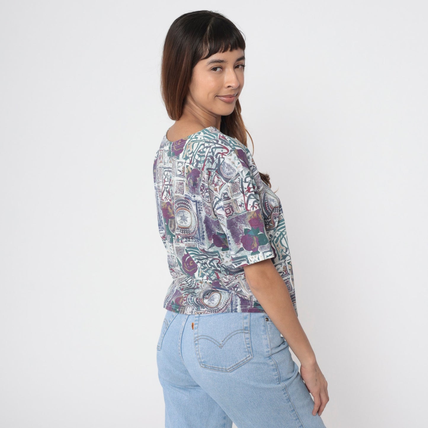 90s Purple Floral Mandala Henley Shirt Short Sleeve Button Up Large L
