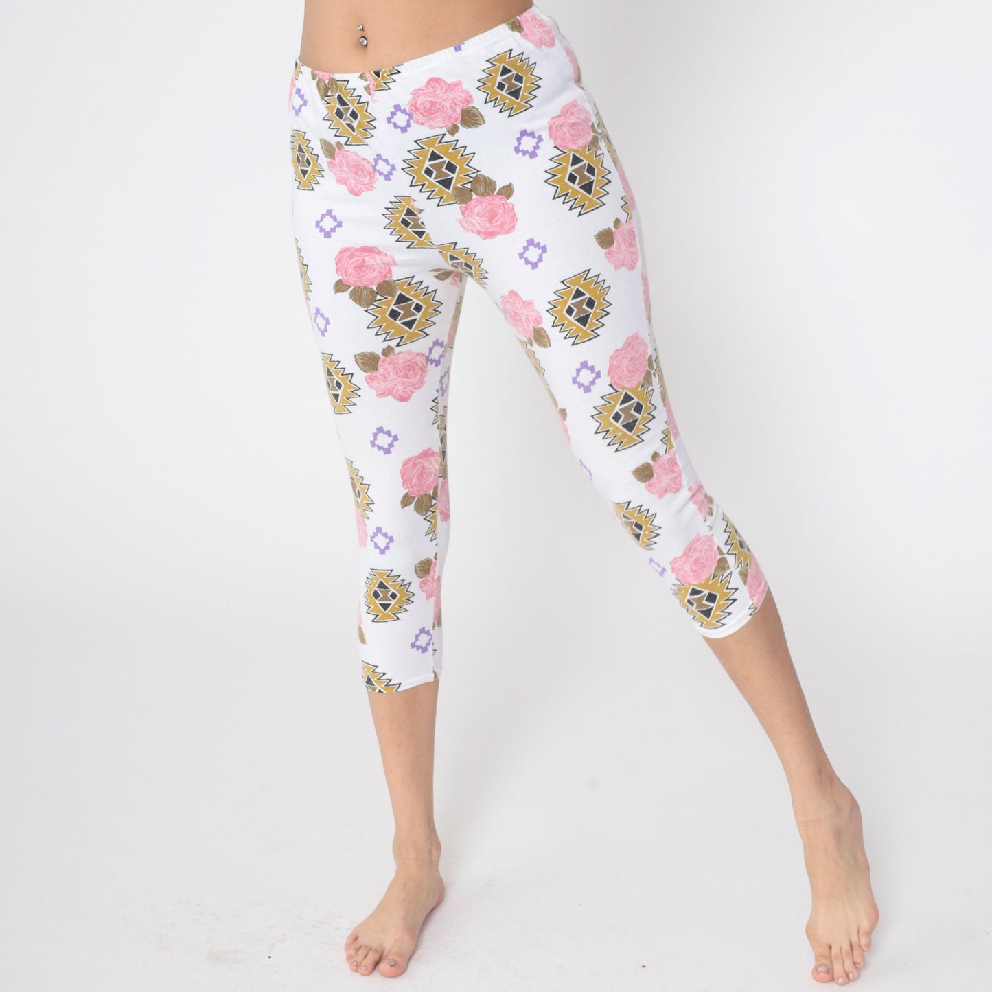 90s Floral Southwestern Capri Leggings White Pink Rose High Waist Extra Small