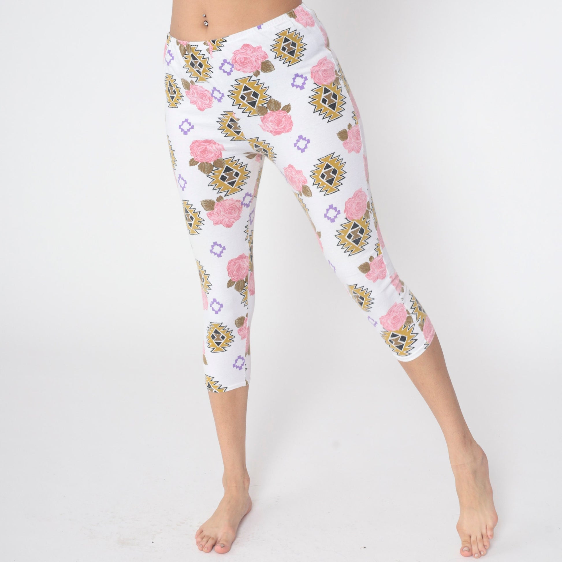 90s Floral Southwestern Capri Leggings White Pink Rose High Waist Extra Small