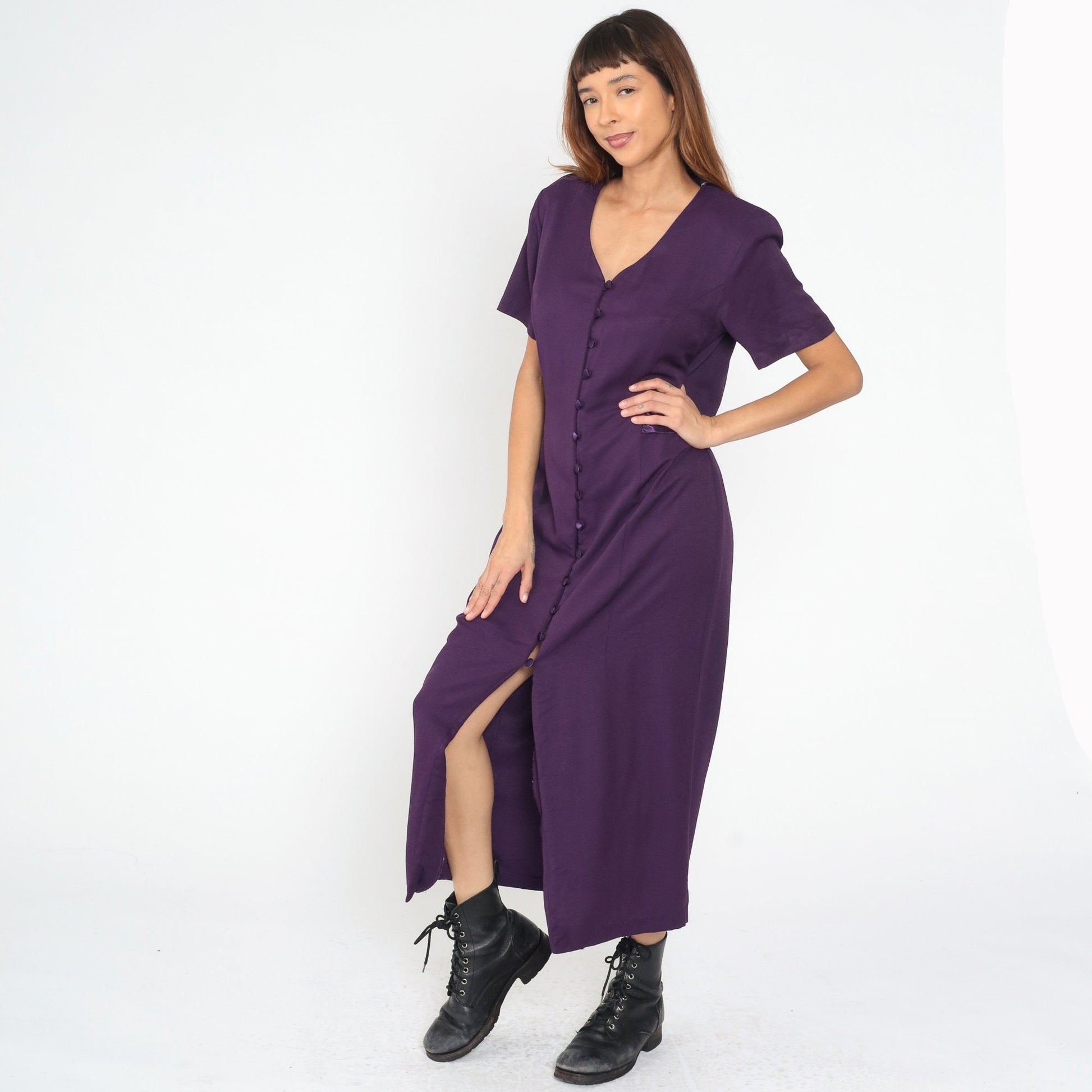 90s Dark Purple Maxi Shirtdress Button Front V Neck Princess Seam Large L