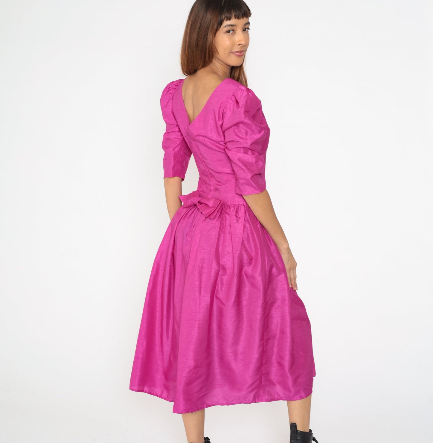 80s Fuchsia Pink Puff Sleeve Midi Dress Drop Waist Full Skirt Small