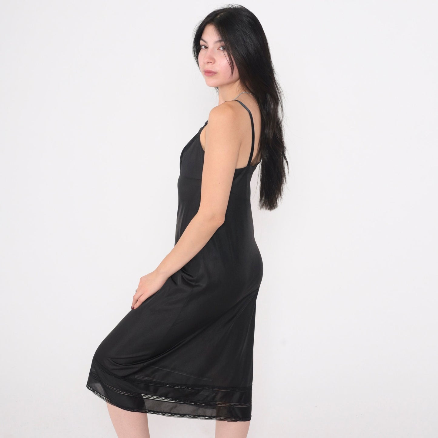 80s Black Nylon Slip Dress Empire Waist Midi Spaghetti Strap Small