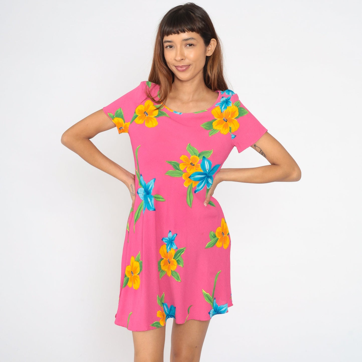 90s Casual Corner Floral Mini Dress Pink Tropical Flower Print Small S