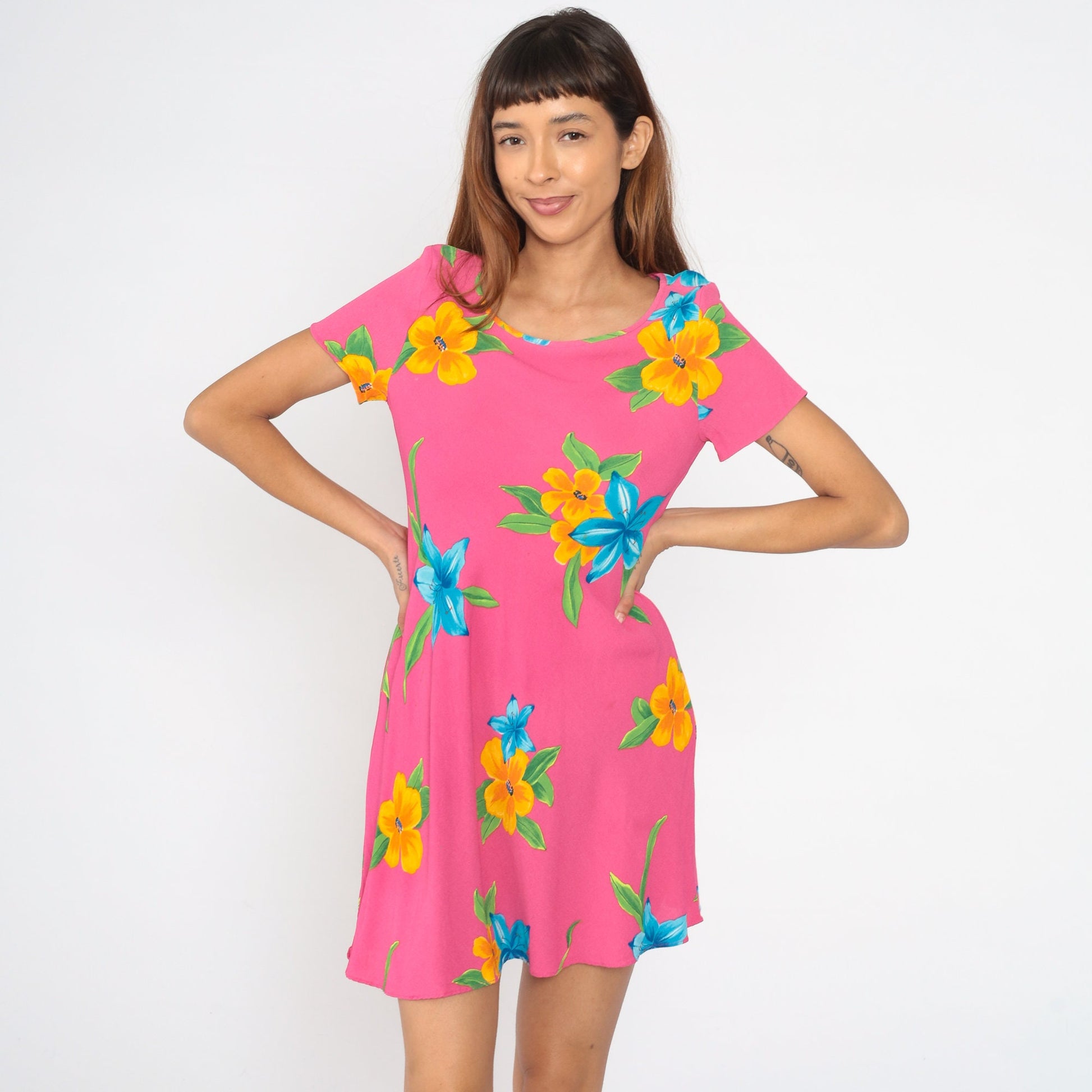 90s Casual Corner Floral Mini Dress Pink Tropical Flower Print Small S