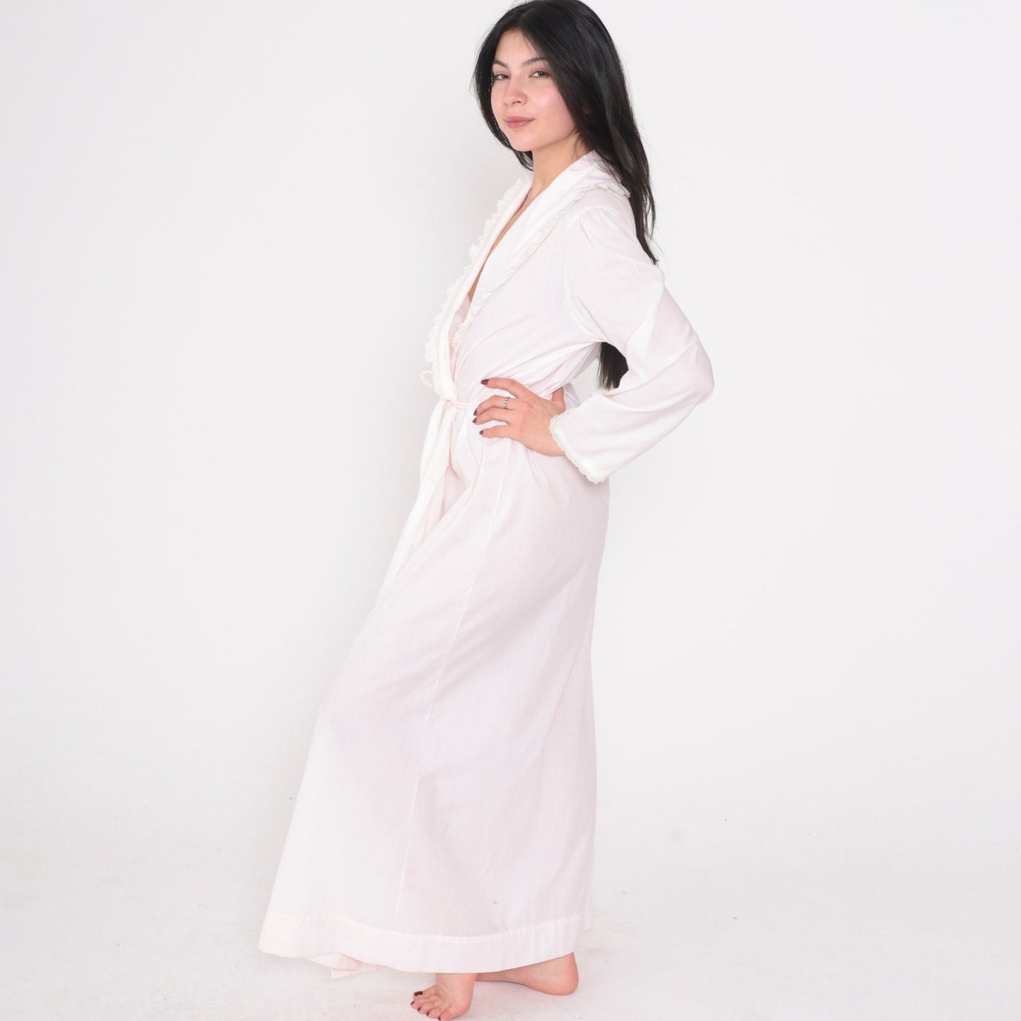 70s Lewis Frimel Pink Maxi Lingerie Robe Lace Floral Embroidered Tie Front Small