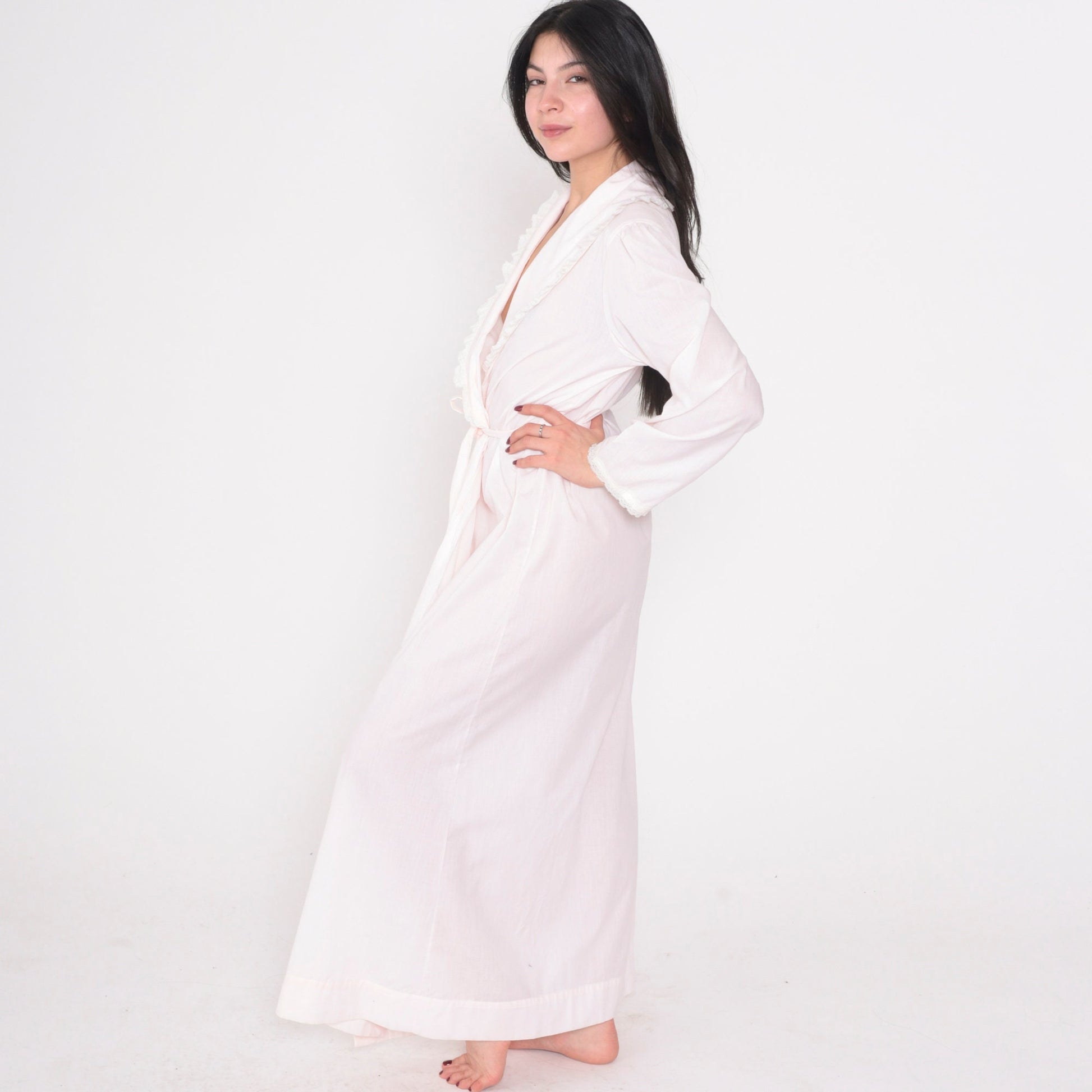 70s Lewis Frimel Pink Maxi Lingerie Robe Lace Floral Embroidered Tie Front Small