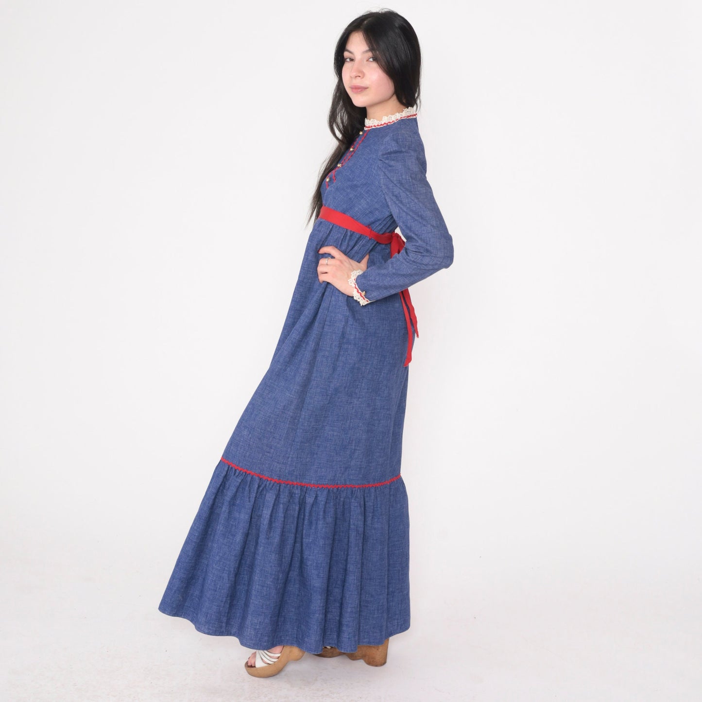 70s Prairie Maxi Dress Blue Red Lace Trim Puff Sleeve Empire Waist Extra Small