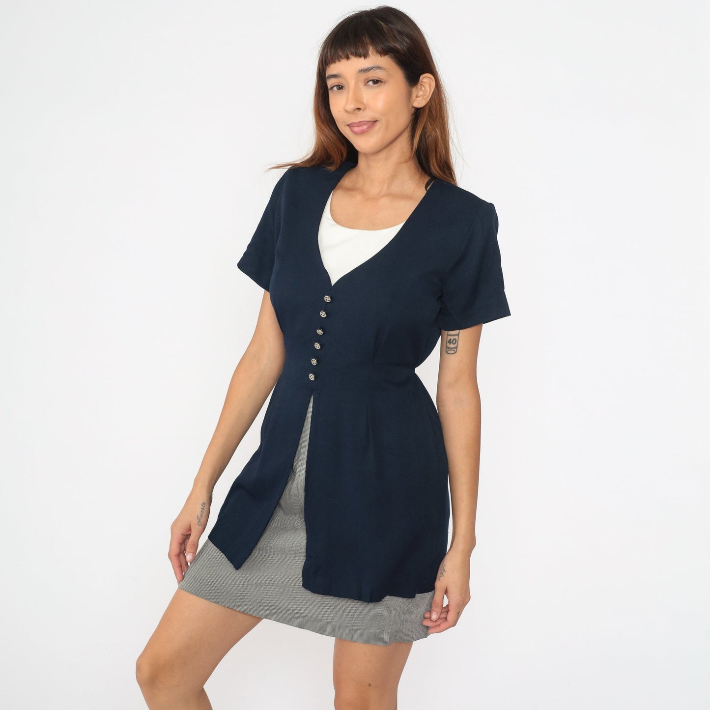 90s Navy Checkered Mini Dress with Attached Jacket Short Sleeve Medium