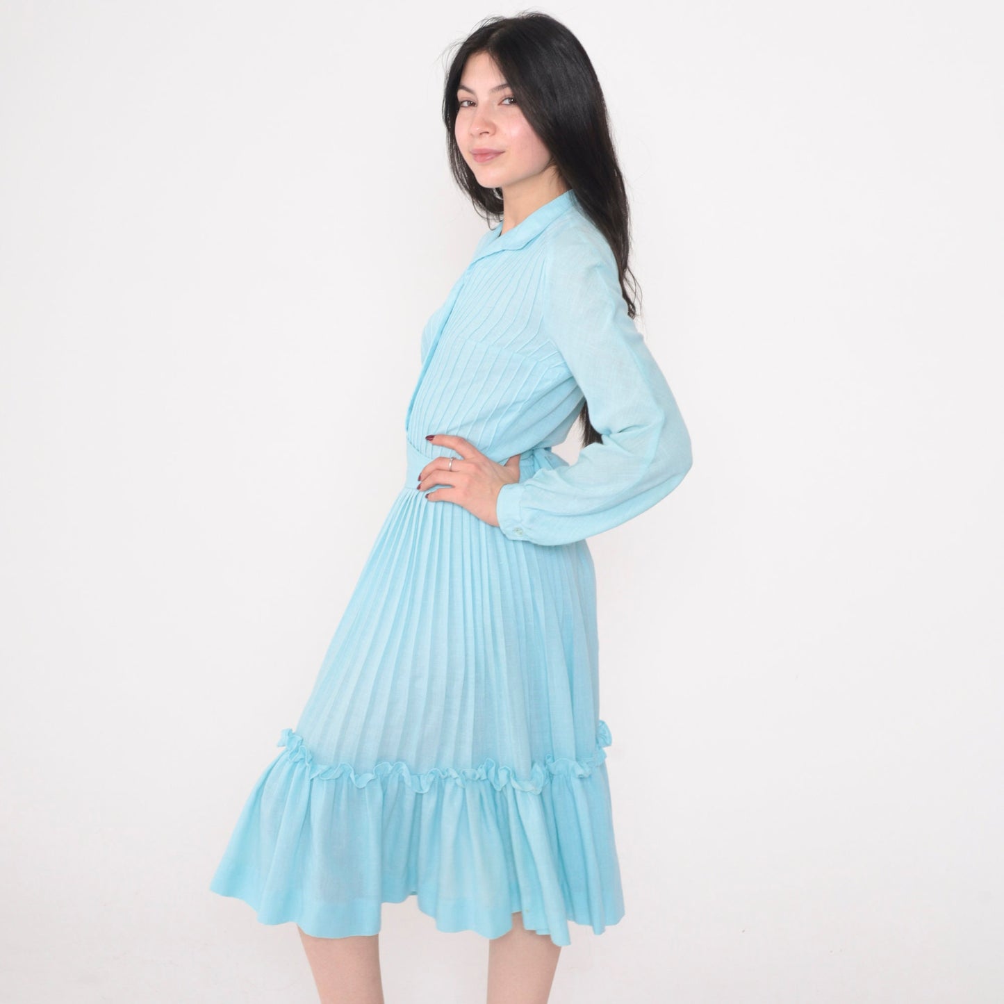80s Neiman Marcus Blue Shirtwaist Midi Dress Puff Sleeve High Waist Small