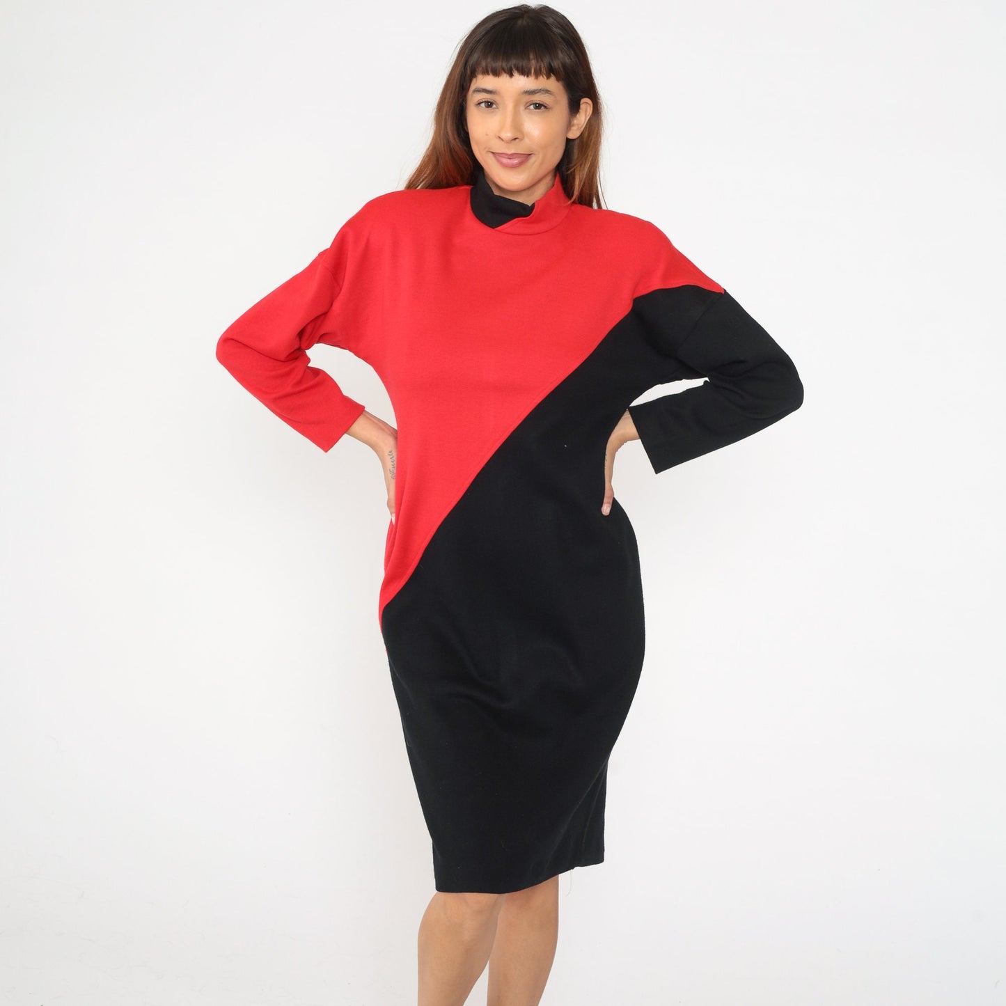 80s Color Block Dress Red Black Mock Neck Sheath Midi Long Sleeve Medium
