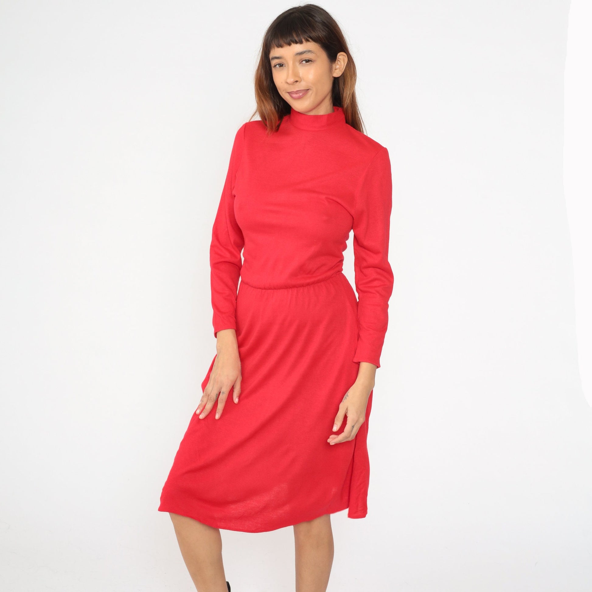 80s Red Acrylic Mock Neck Midi Dress Long Sleeve Pockets Small