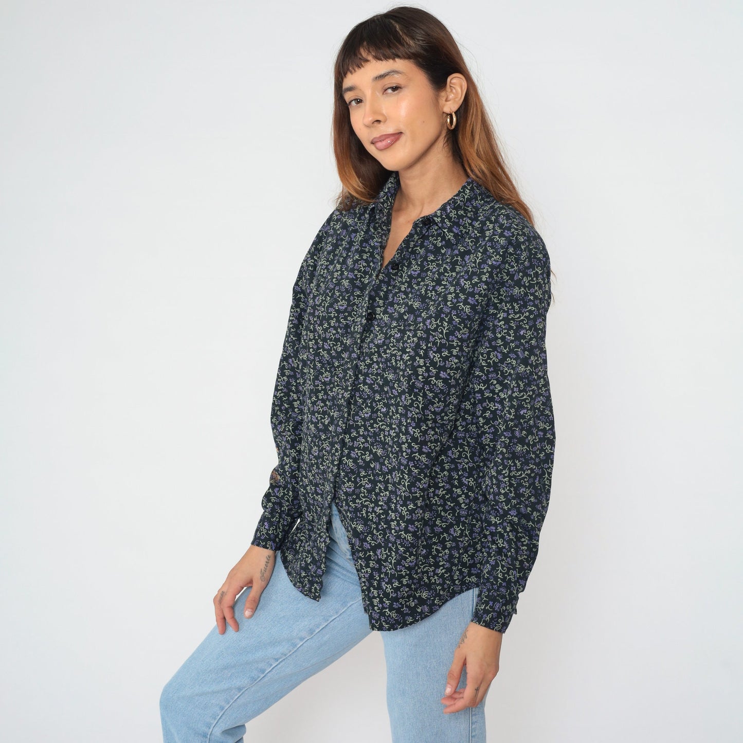 90s Black Corduroy Floral Button-Up Blouse Long Sleeve Collared Ditsy Print Large