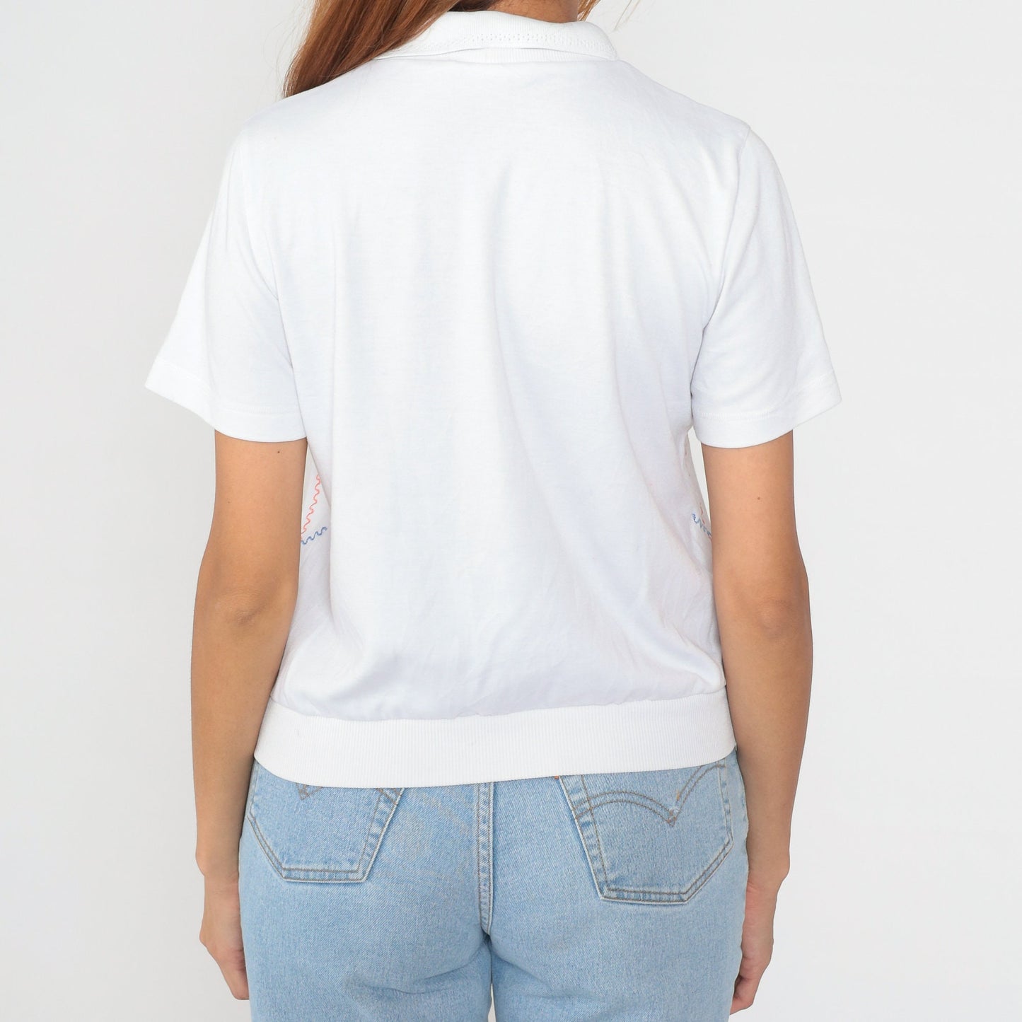 90s Alfred Dunner Floral Embroidered Polo Shirt White Sequin Pastel Small