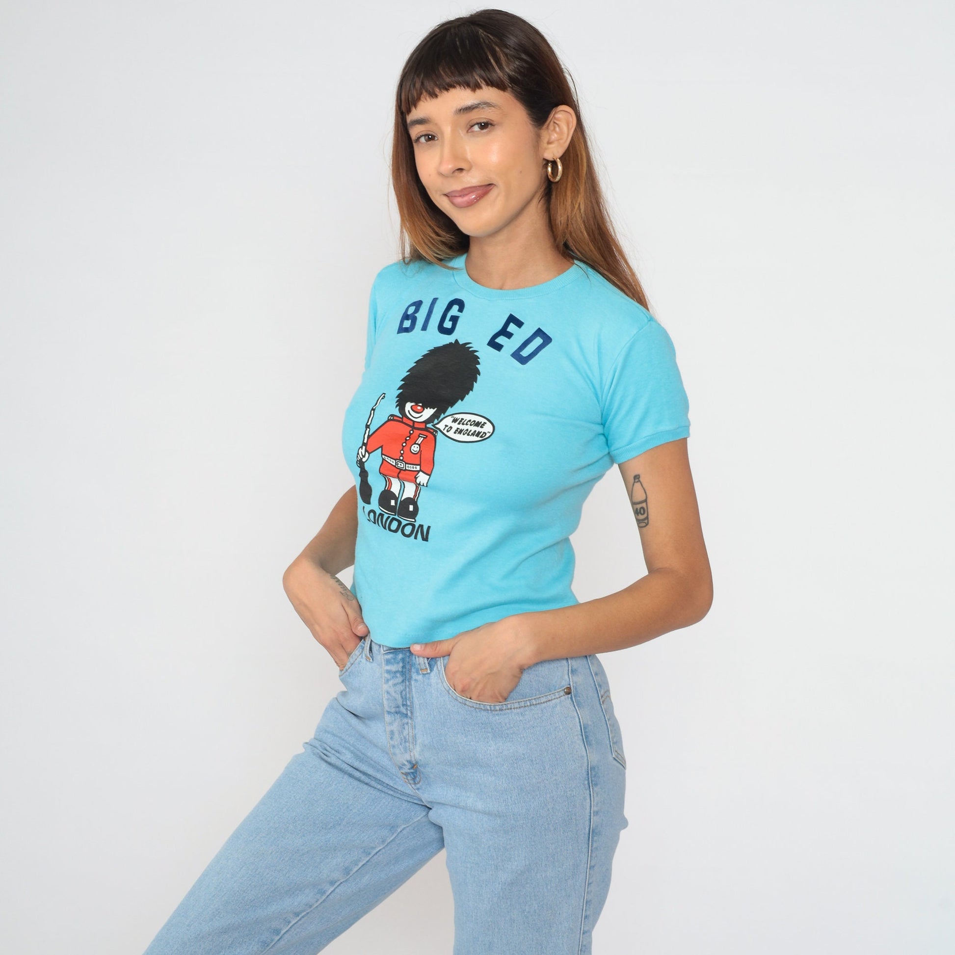 80s London King's Guard Big Ed Graphic Baby Tee Blue Cotton Small S