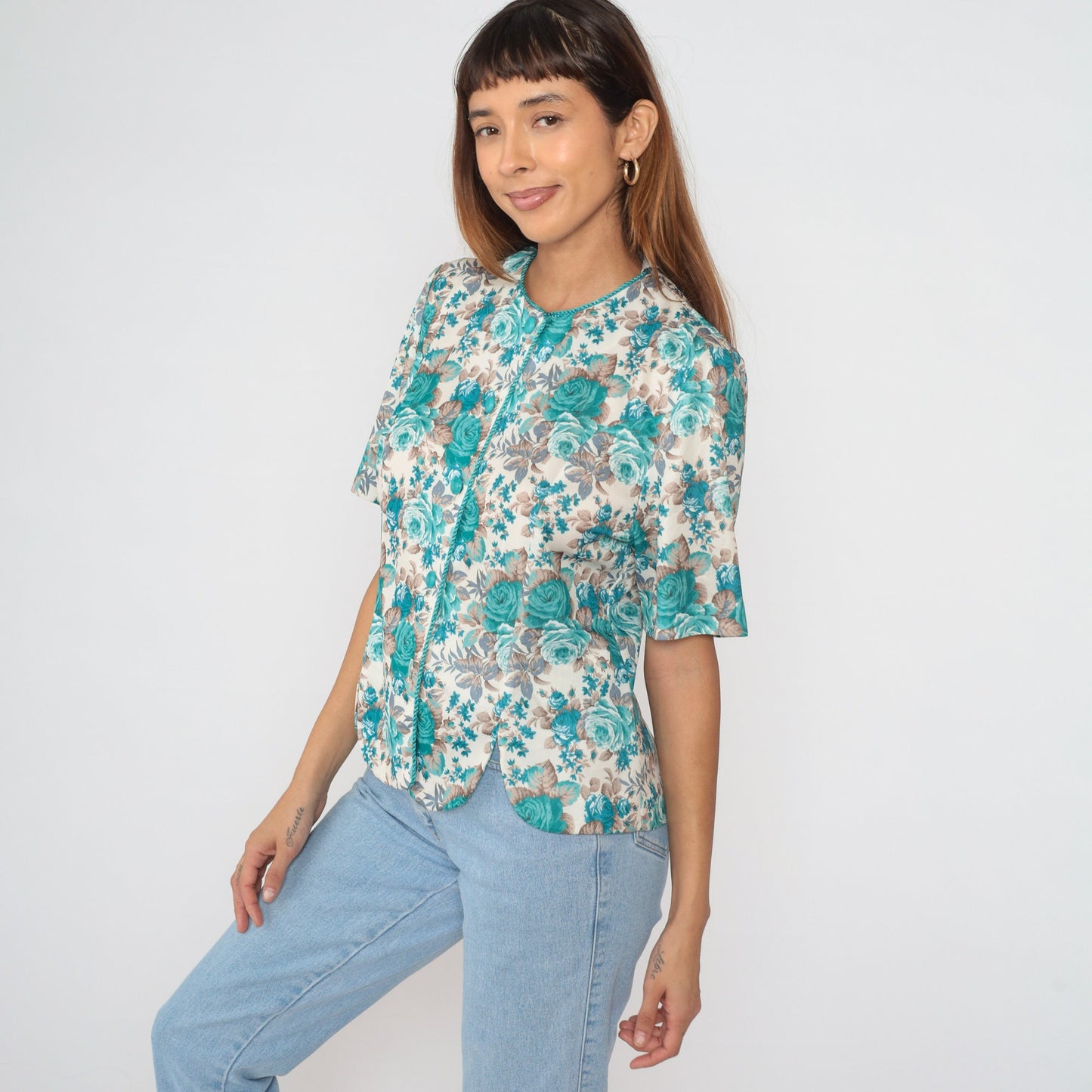 80s Blue Floral Button-Up Blouse Short Sleeve Rose Print Shirt Medium